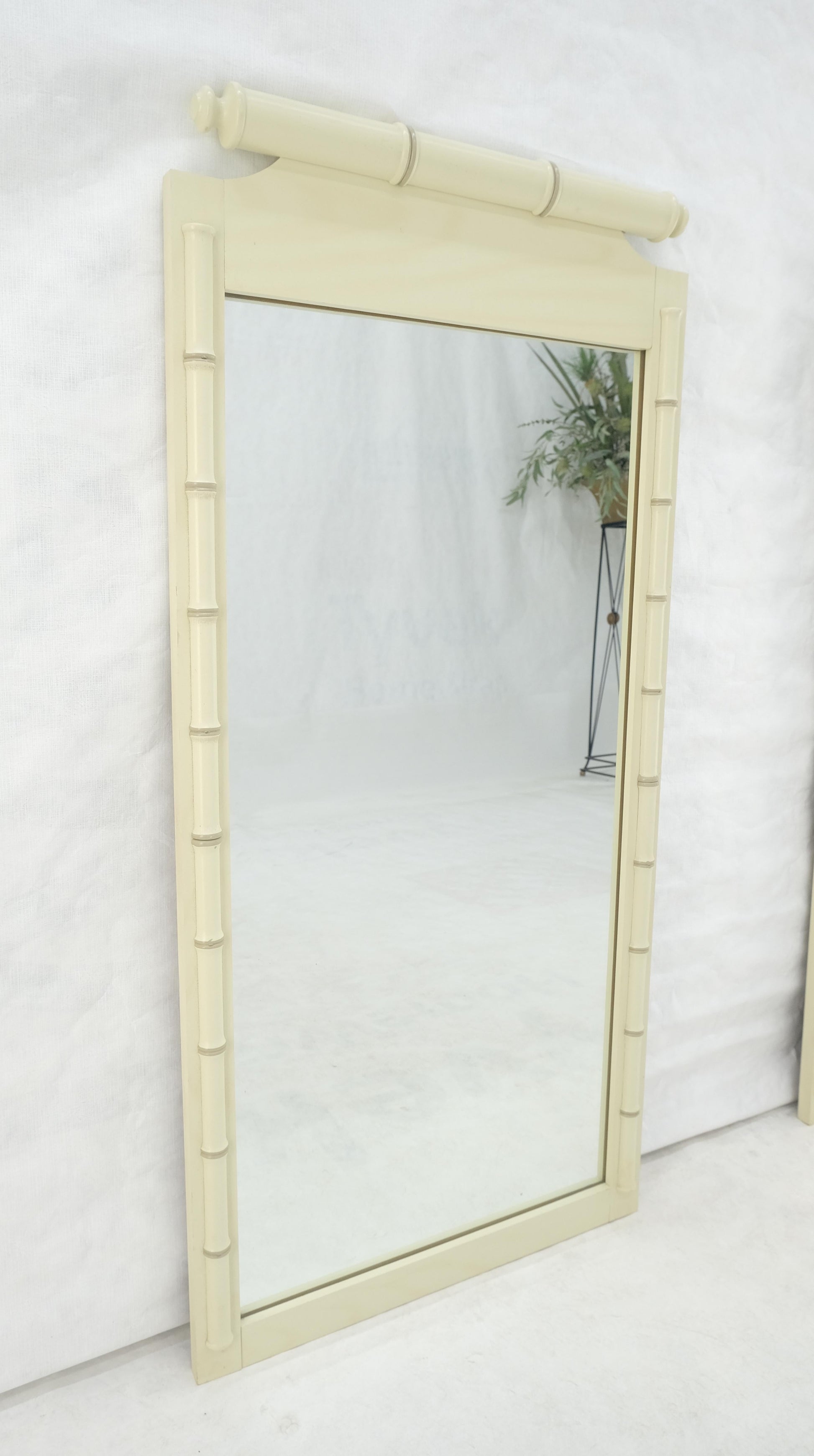 EstablishedLines Pair of White Lacquer Mid Century Modern Rectangle Faux Bamboo Wall Mirrors MINT