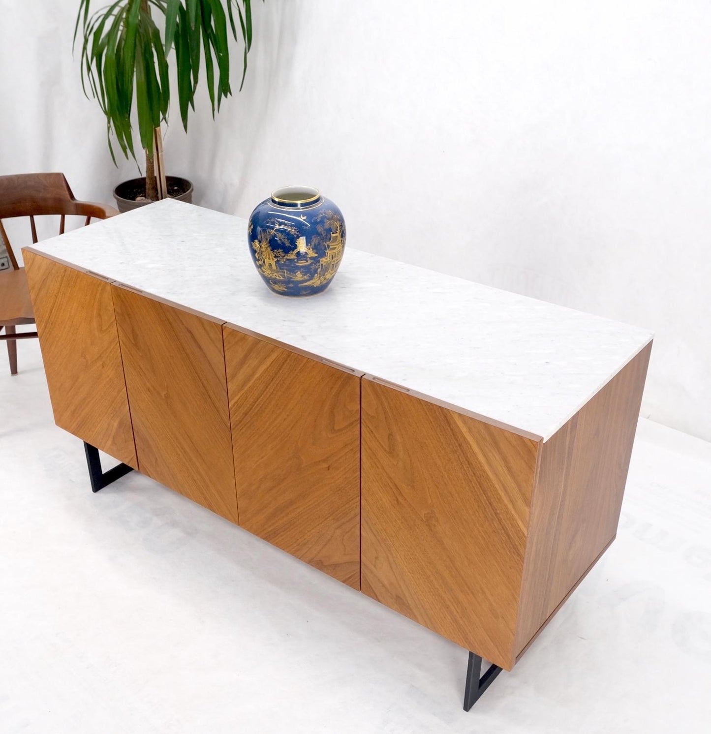 EstablishedLines Walnut 4 Doors Credenza Marble Carrara Top Bracket Leg Mint