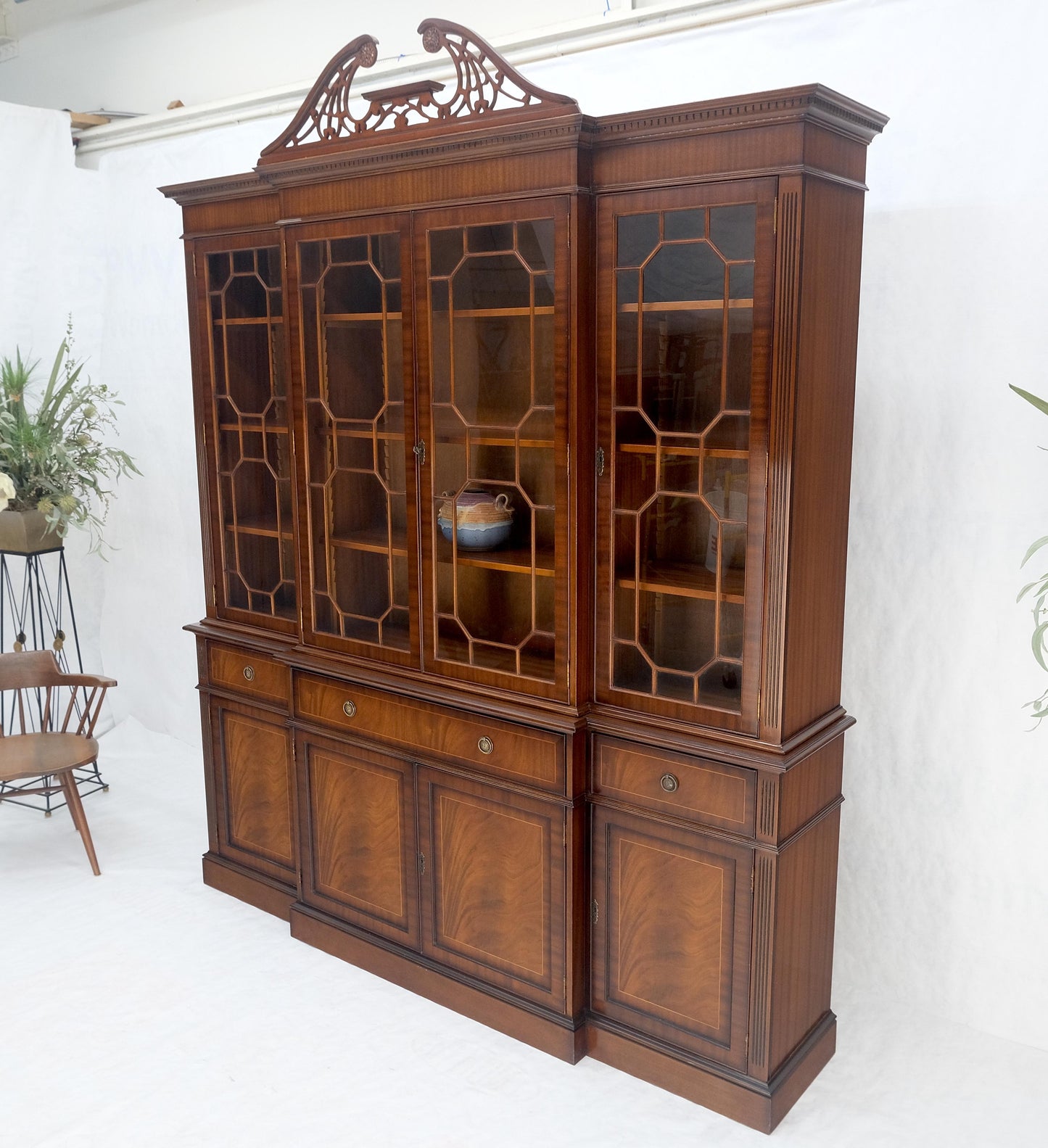 EstablishedLines Georgian Flame Mahogany Breakfront Bookcase Butlers Drop Desk Individual Glass