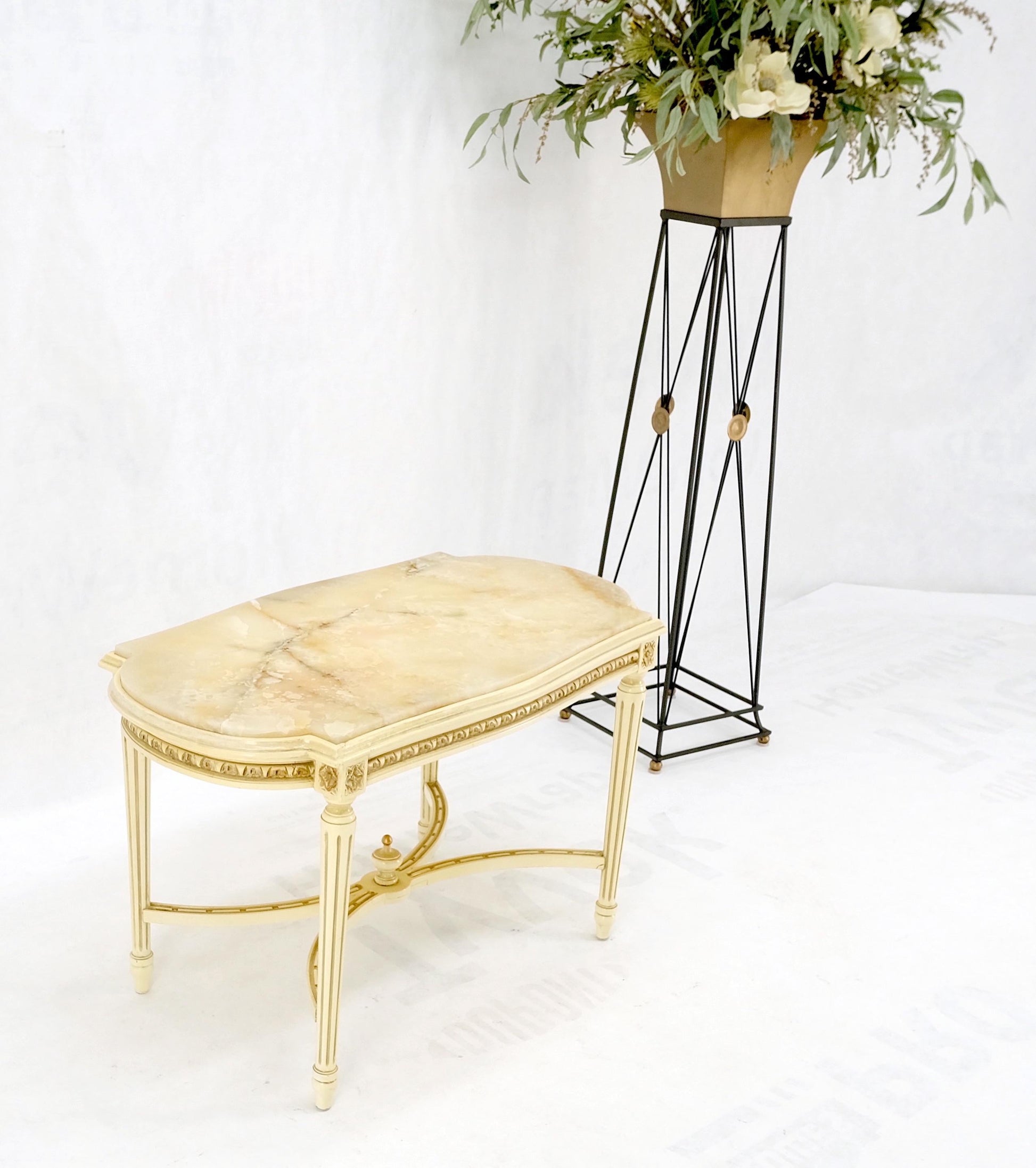EstablishedLines White Onyx Top Stadium Shape Top Beige Lacquer Carved Stretcher Base Side Table