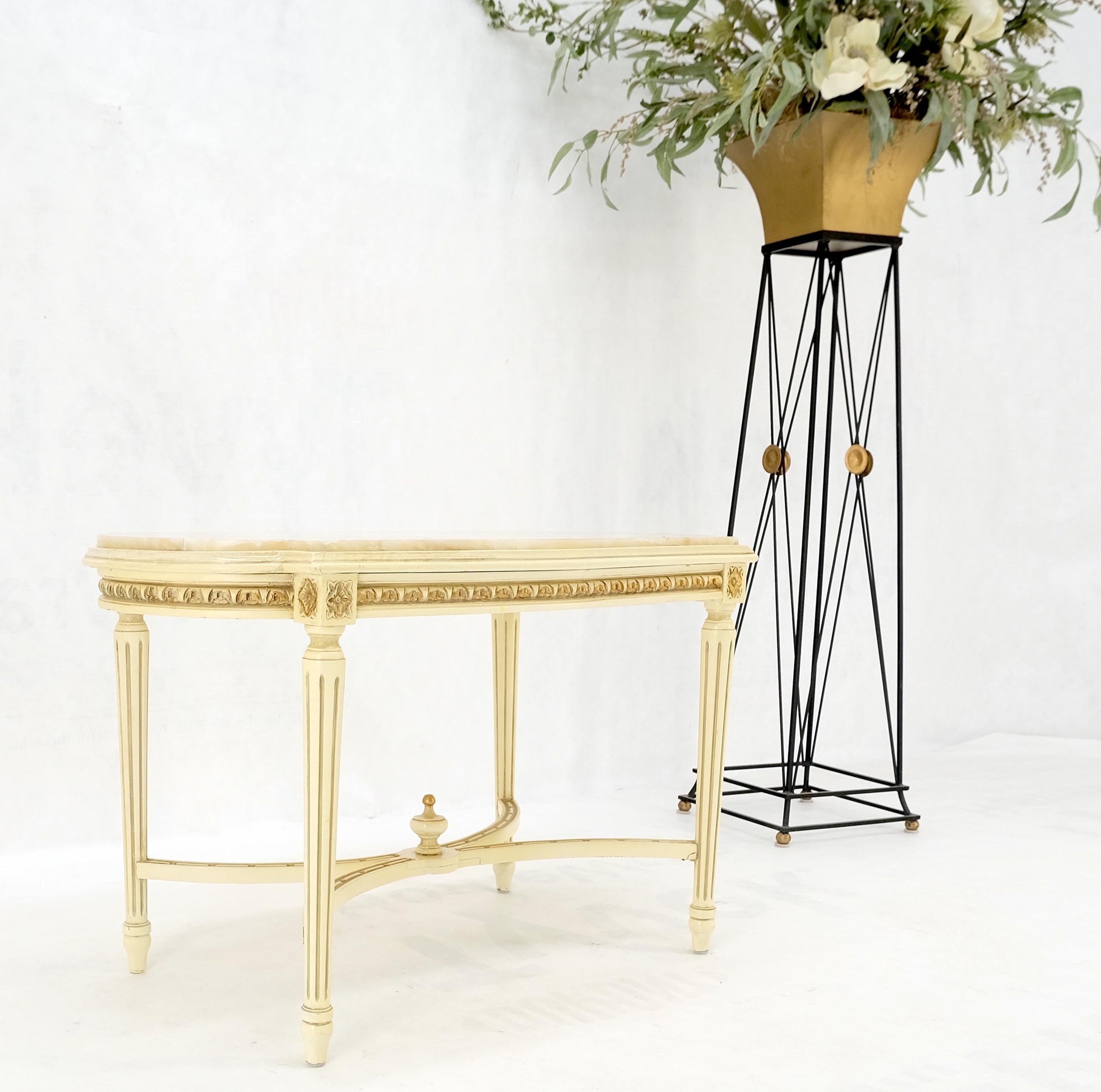 EstablishedLines White Onyx Top Stadium Shape Top Beige Lacquer Carved Stretcher Base Side Table