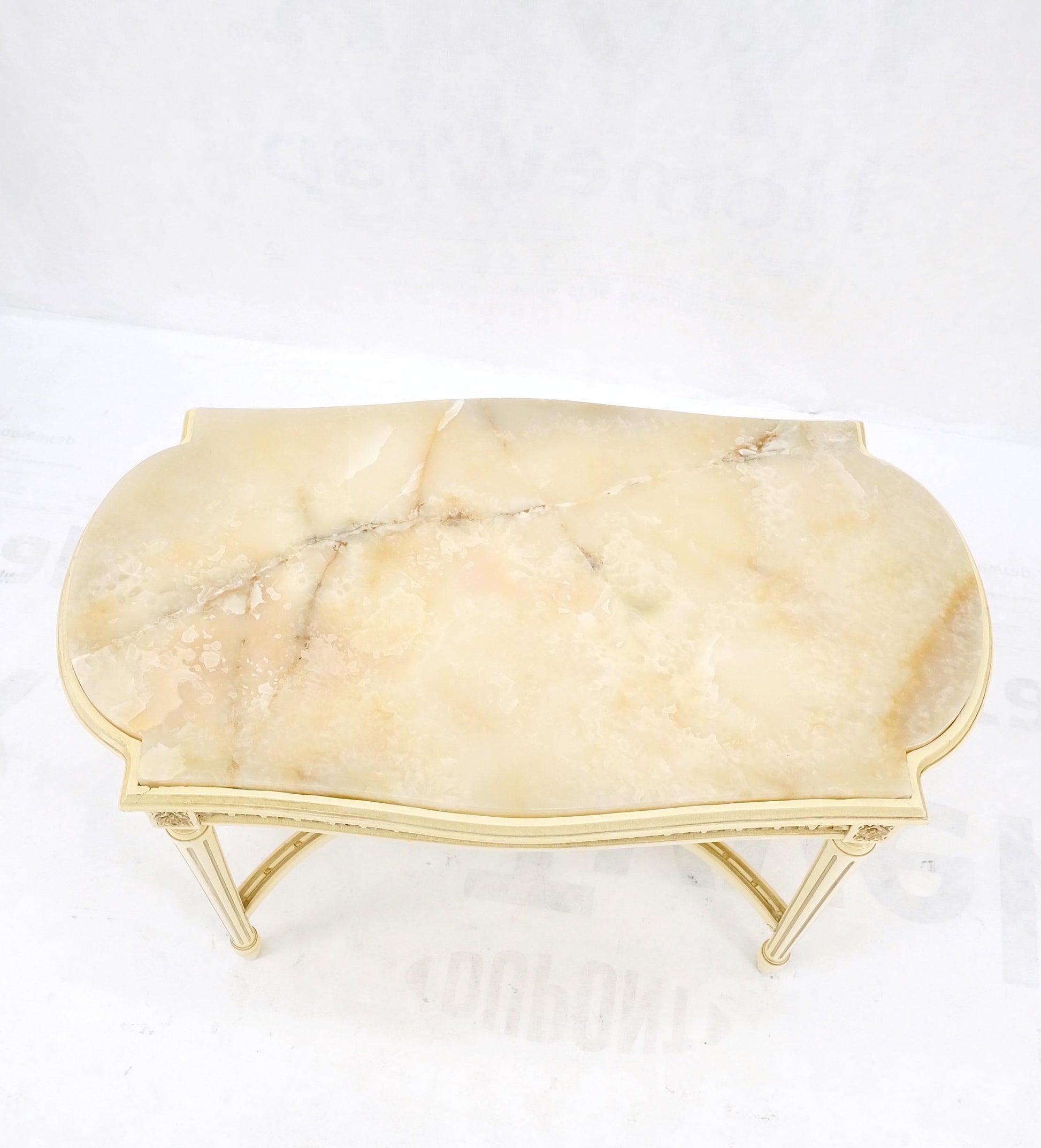 EstablishedLines White Onyx Top Stadium Shape Top Beige Lacquer Carved Stretcher Base Side Table