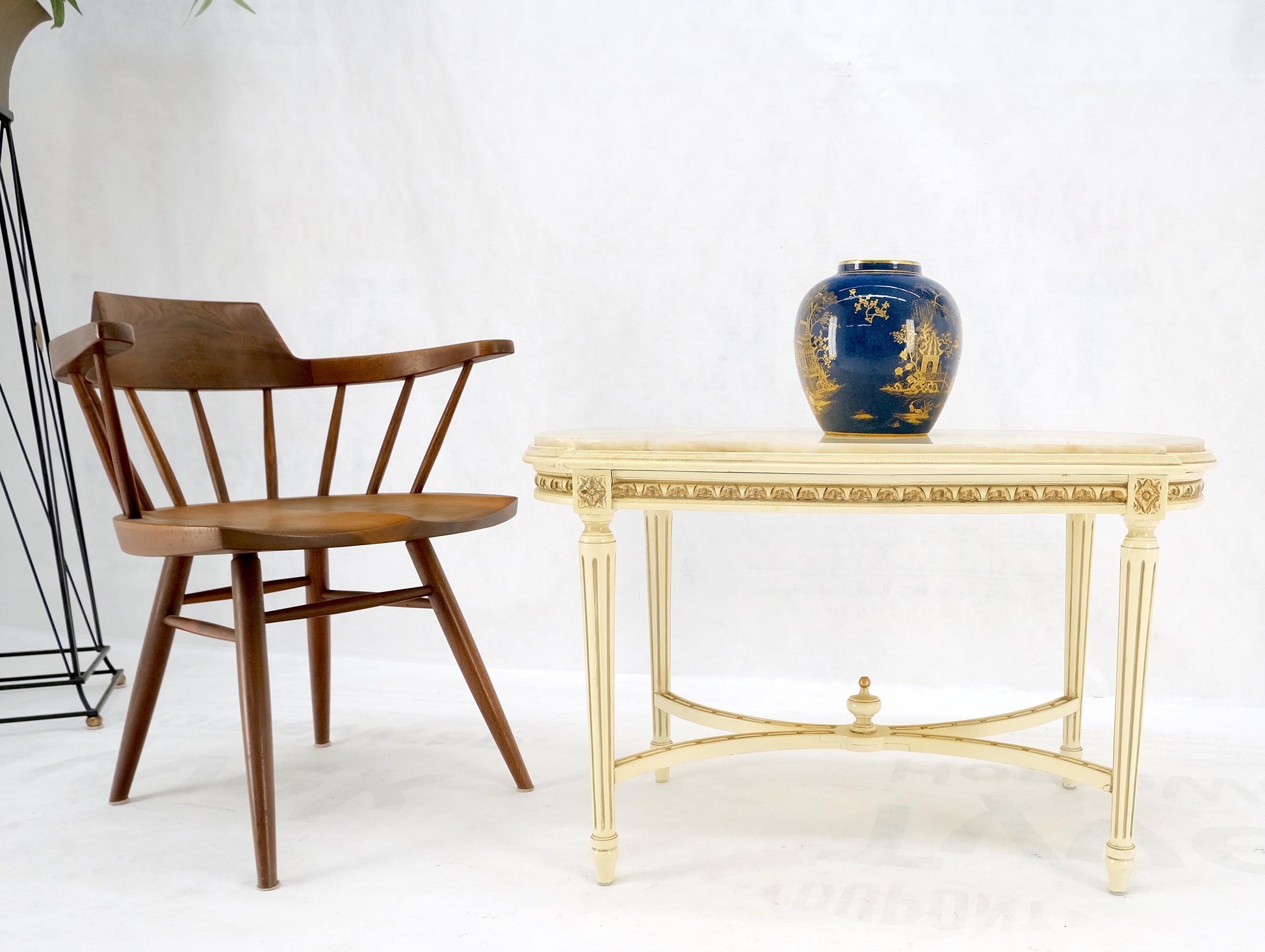 EstablishedLines White Onyx Top Stadium Shape Top Beige Lacquer Carved Stretcher Base Side Table