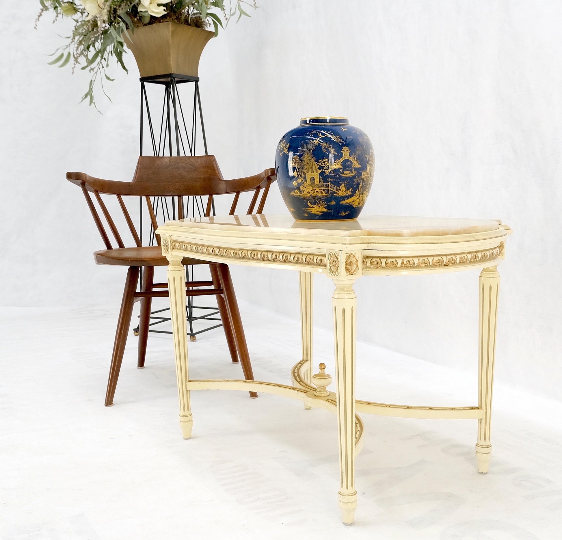 EstablishedLines White Onyx Top Stadium Shape Top Beige Lacquer Carved Stretcher Base Side Table