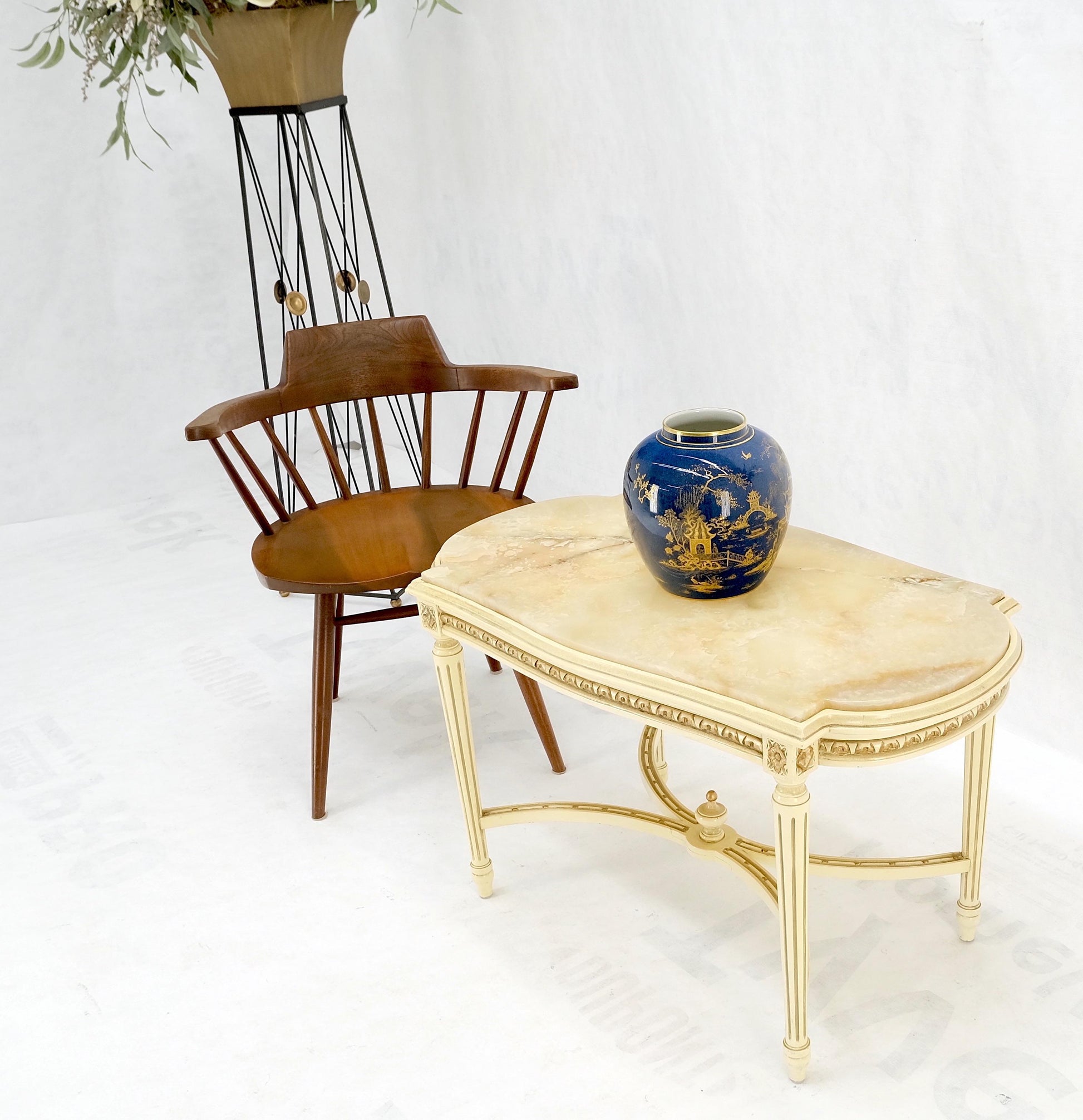 EstablishedLines White Onyx Top Stadium Shape Top Beige Lacquer Carved Stretcher Base Side Table