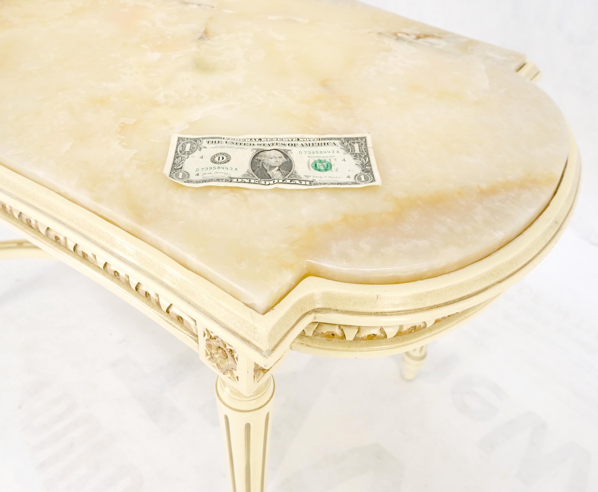 EstablishedLines White Onyx Top Stadium Shape Top Beige Lacquer Carved Stretcher Base Side Table