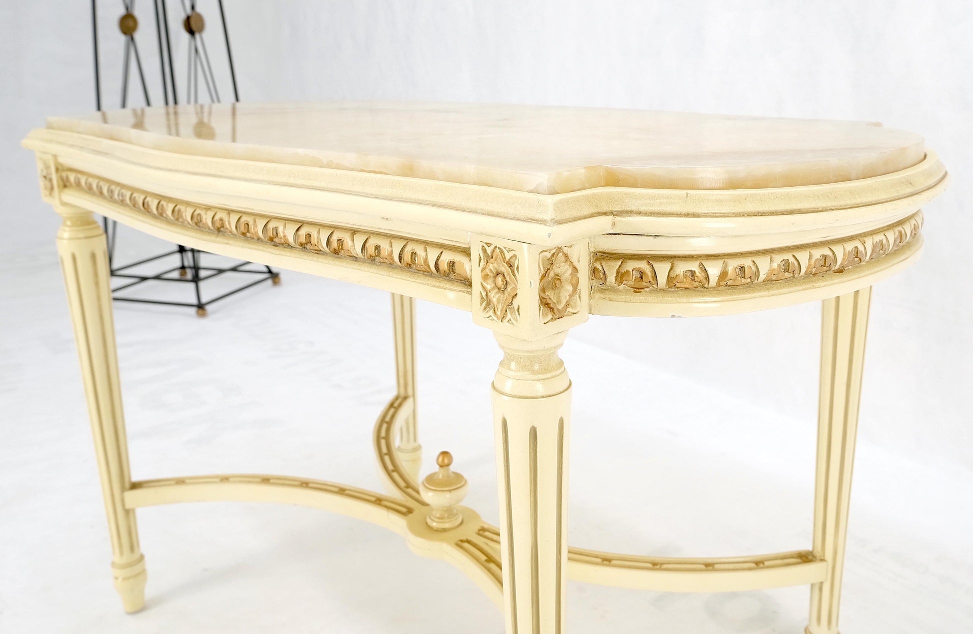 EstablishedLines White Onyx Top Stadium Shape Top Beige Lacquer Carved Stretcher Base Side Table