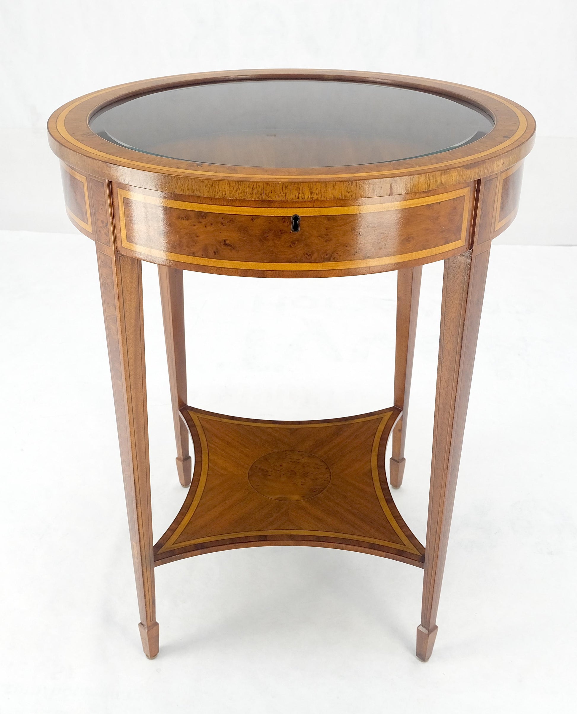 EstablishedLines Very Fine Round Glass Top Showcase Inlaid Burl Lamp Table Stand Maitland-Smith