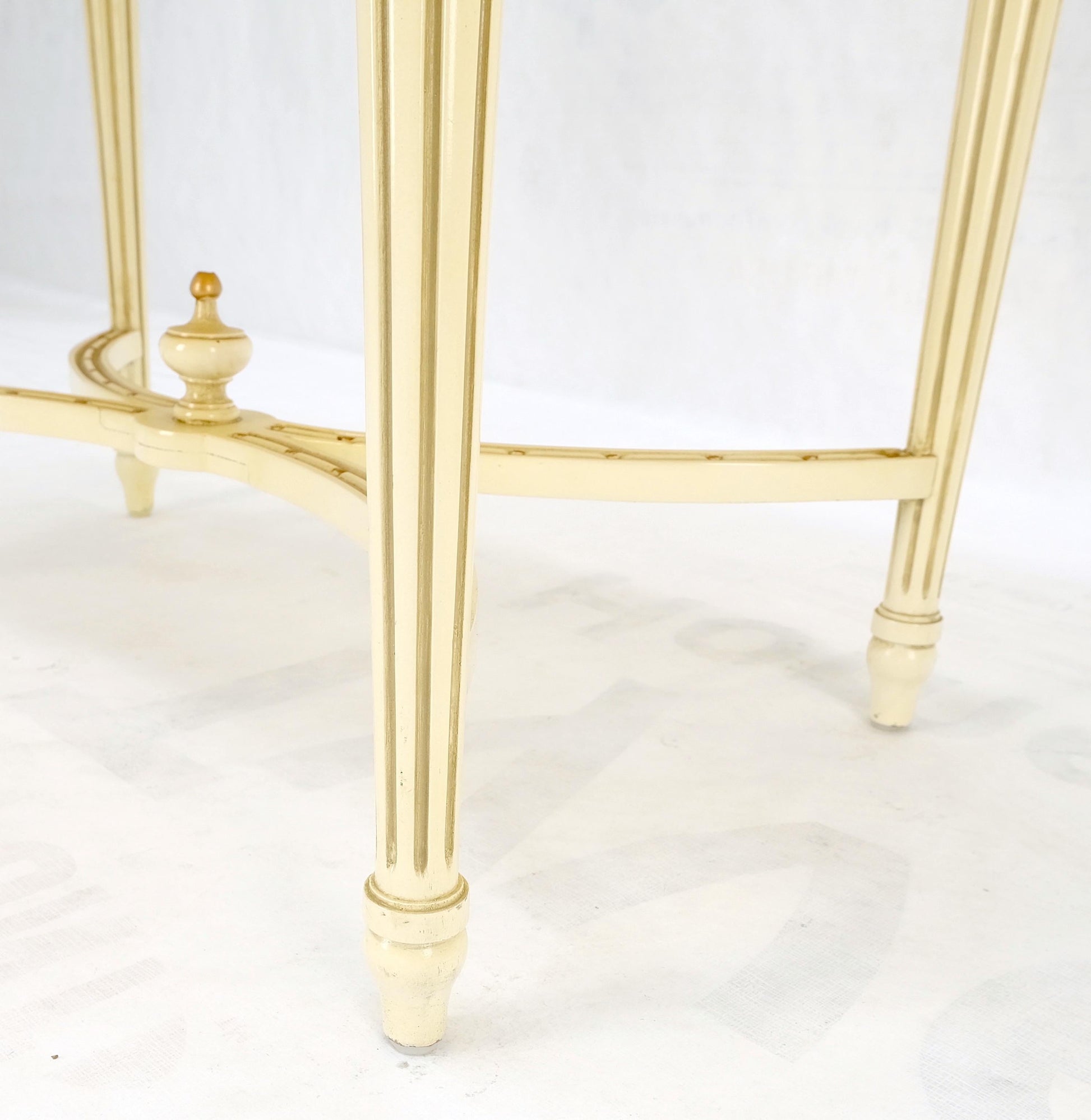 EstablishedLines White Onyx Top Stadium Shape Top Beige Lacquer Carved Stretcher Base Side Table