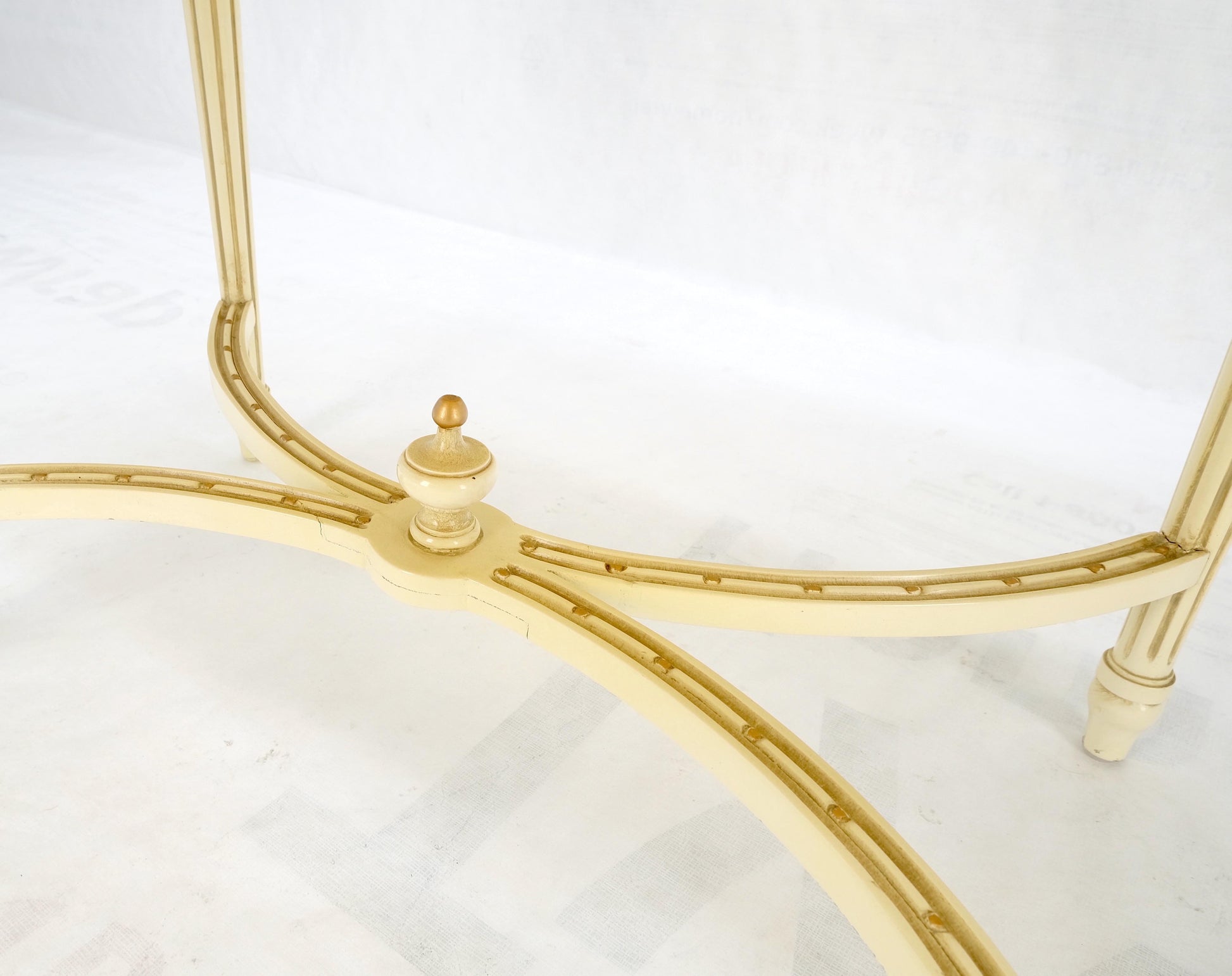 EstablishedLines White Onyx Top Stadium Shape Top Beige Lacquer Carved Stretcher Base Side Table