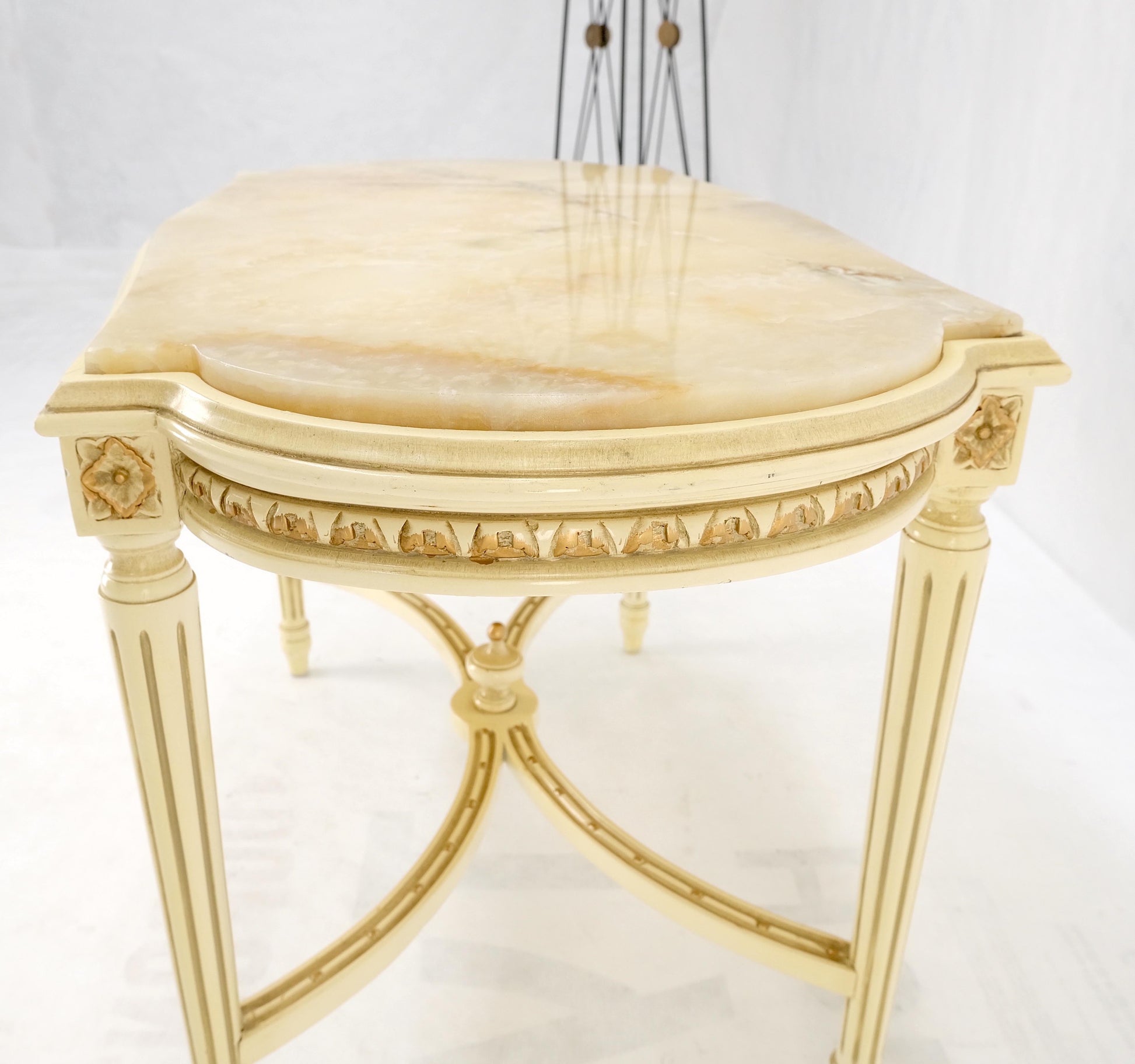 EstablishedLines White Onyx Top Stadium Shape Top Beige Lacquer Carved Stretcher Base Side Table
