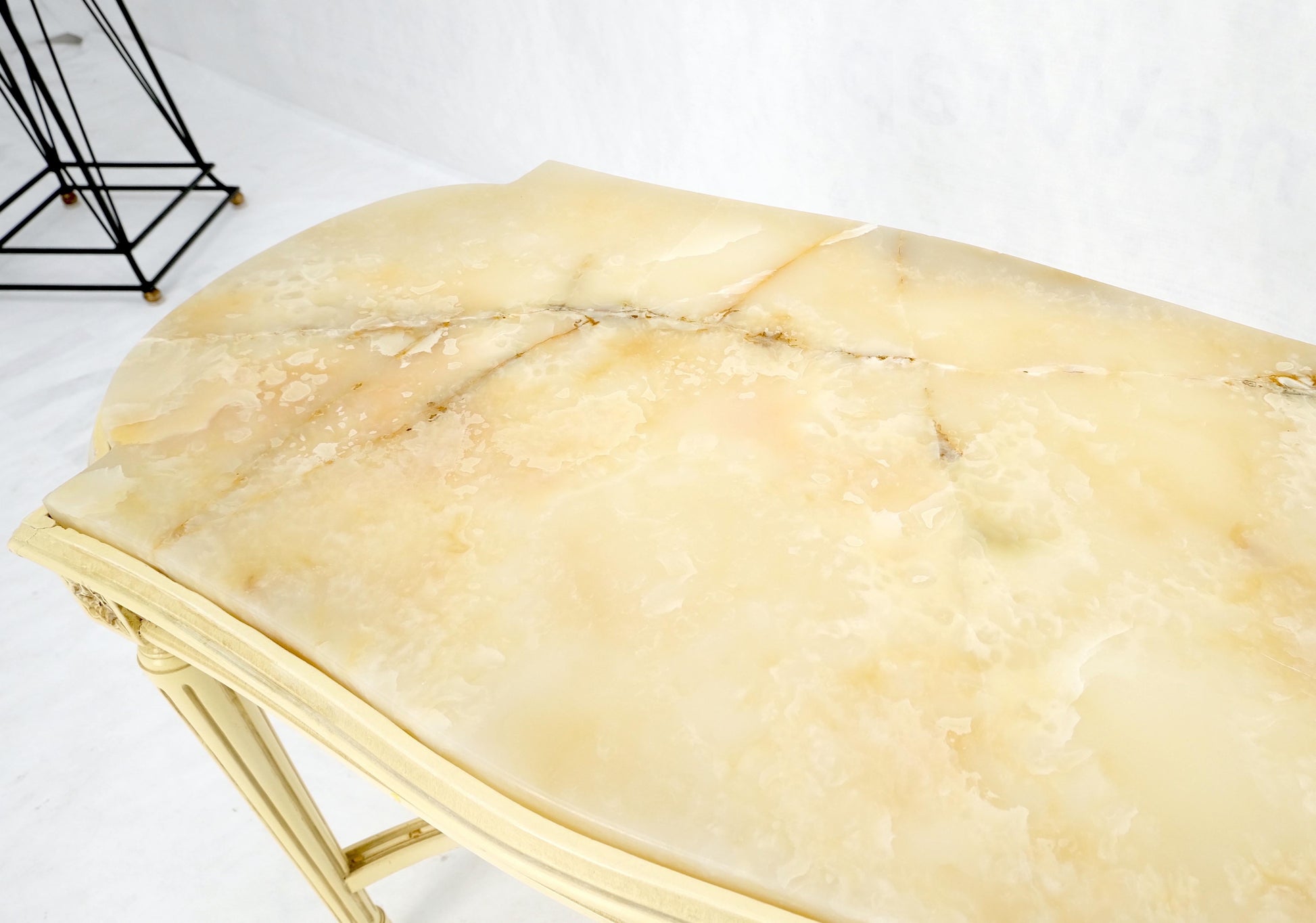 EstablishedLines White Onyx Top Stadium Shape Top Beige Lacquer Carved Stretcher Base Side Table