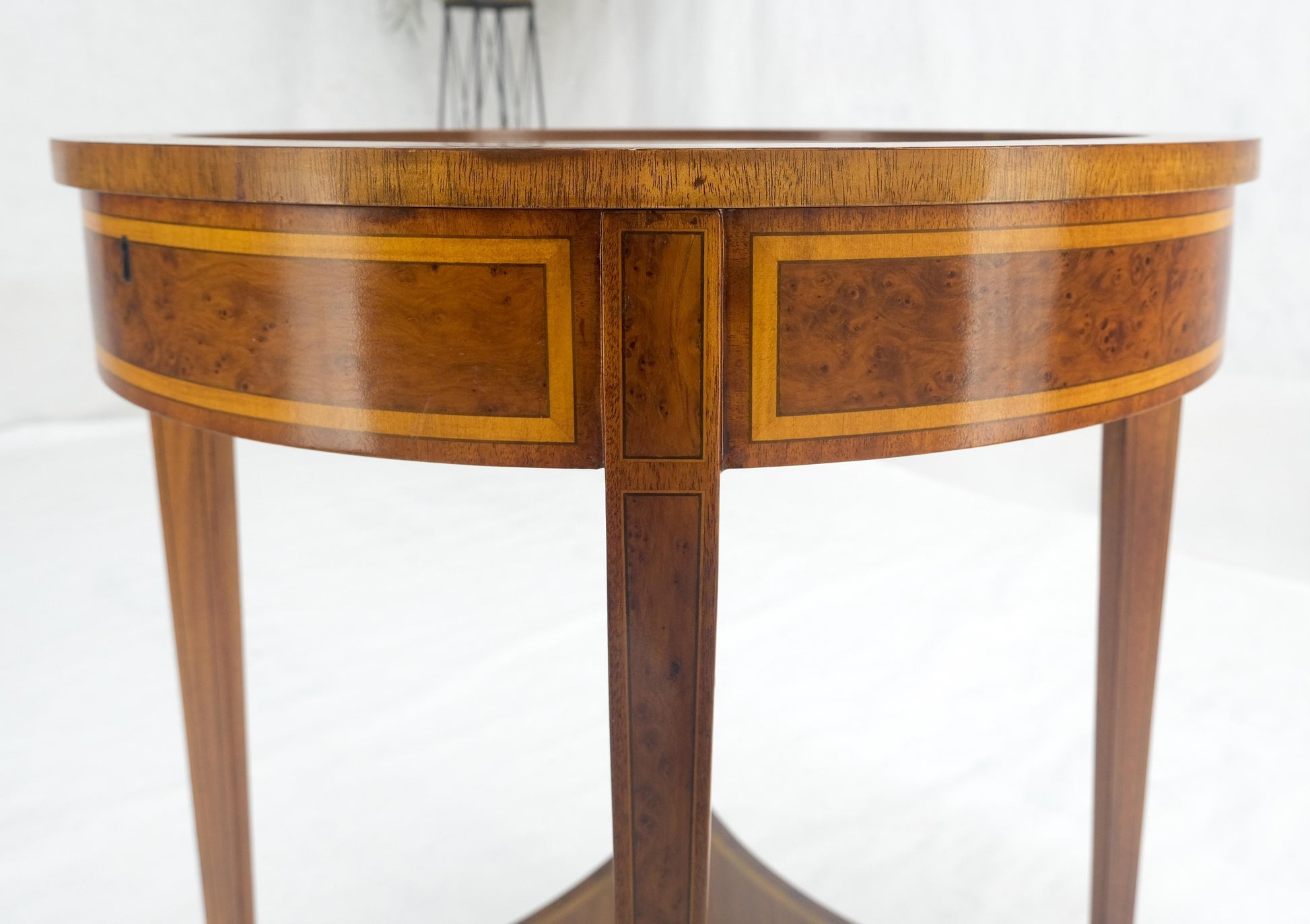 EstablishedLines Very Fine Round Glass Top Showcase Inlaid Burl Lamp Table Stand Maitland-Smith