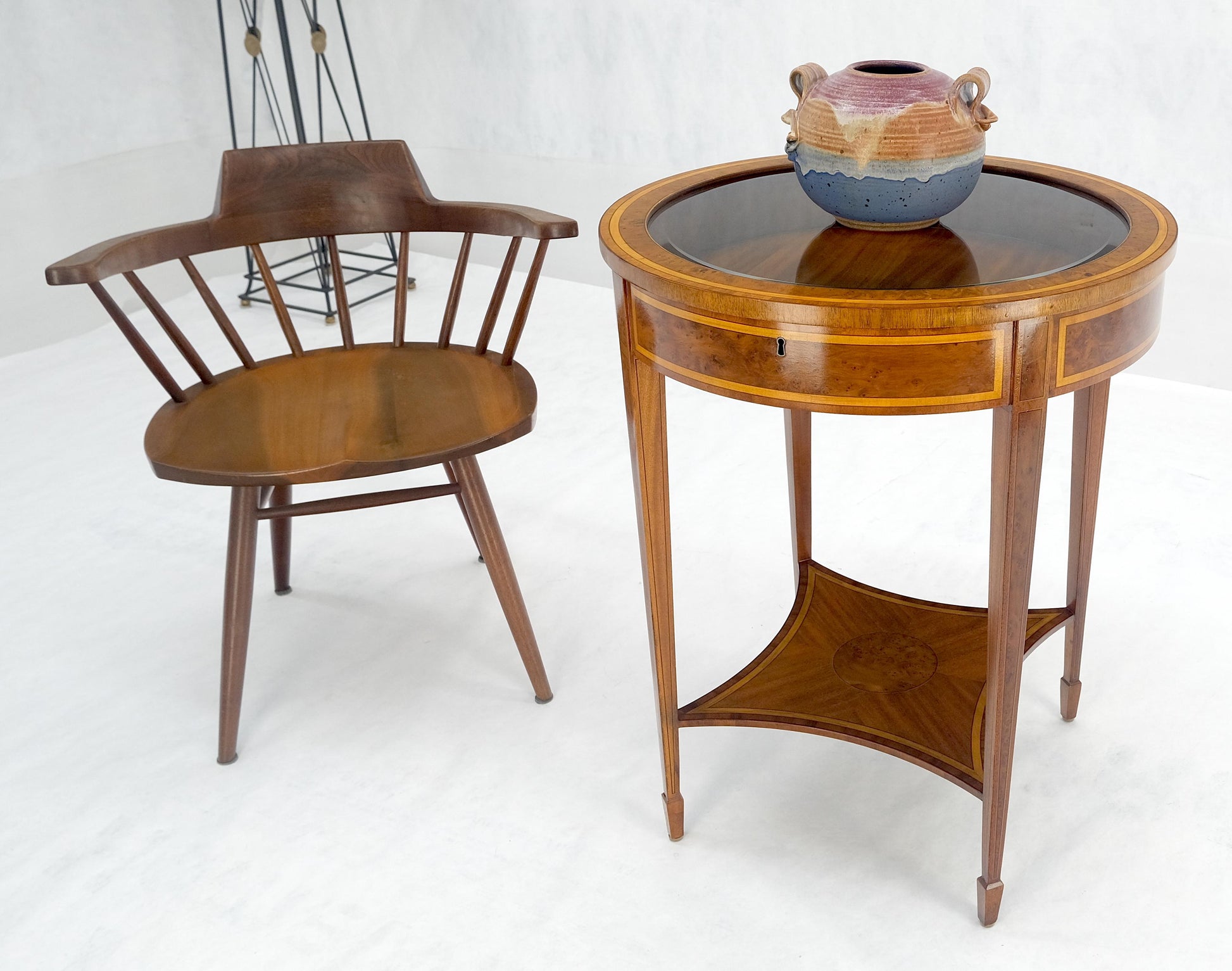 EstablishedLines Very Fine Round Glass Top Showcase Inlaid Burl Lamp Table Stand Maitland-Smith