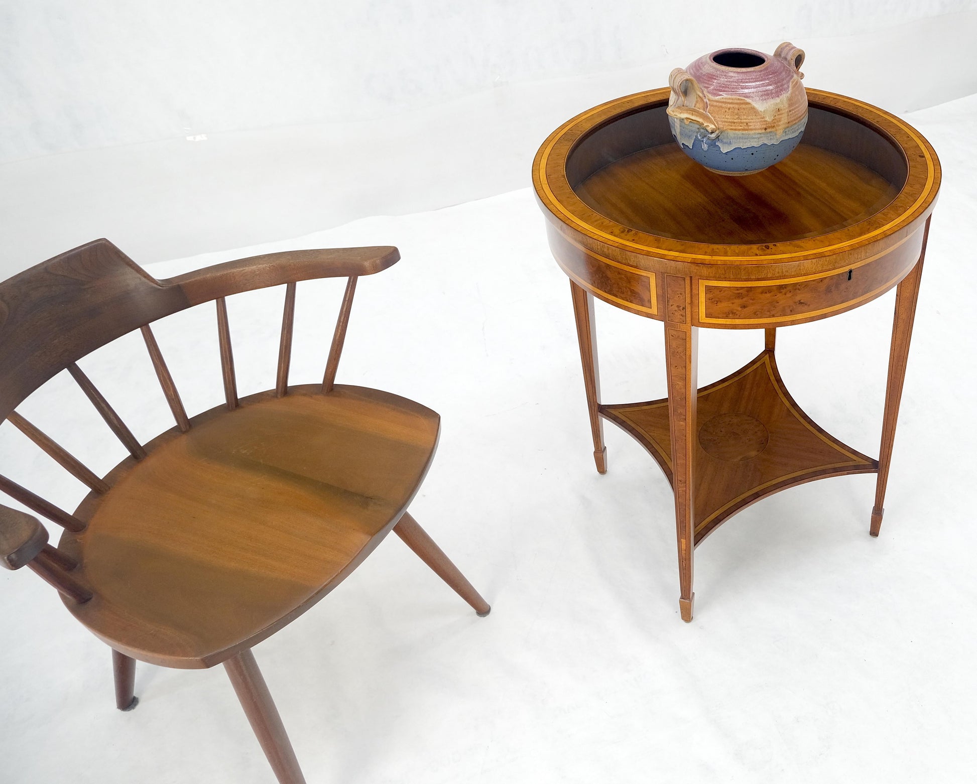 EstablishedLines Very Fine Round Glass Top Showcase Inlaid Burl Lamp Table Stand Maitland-Smith