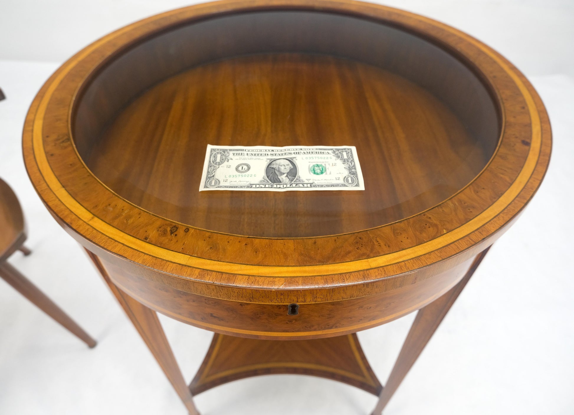 EstablishedLines Very Fine Round Glass Top Showcase Inlaid Burl Lamp Table Stand Maitland-Smith