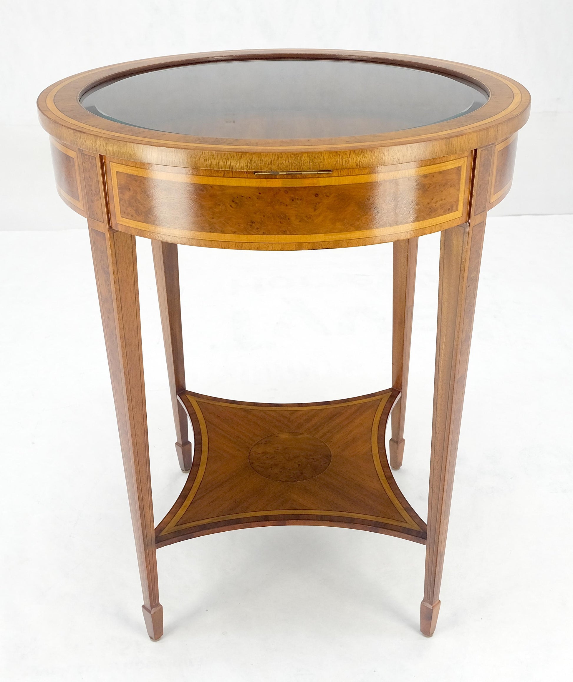 EstablishedLines Very Fine Round Glass Top Showcase Inlaid Burl Lamp Table Stand Maitland-Smith
