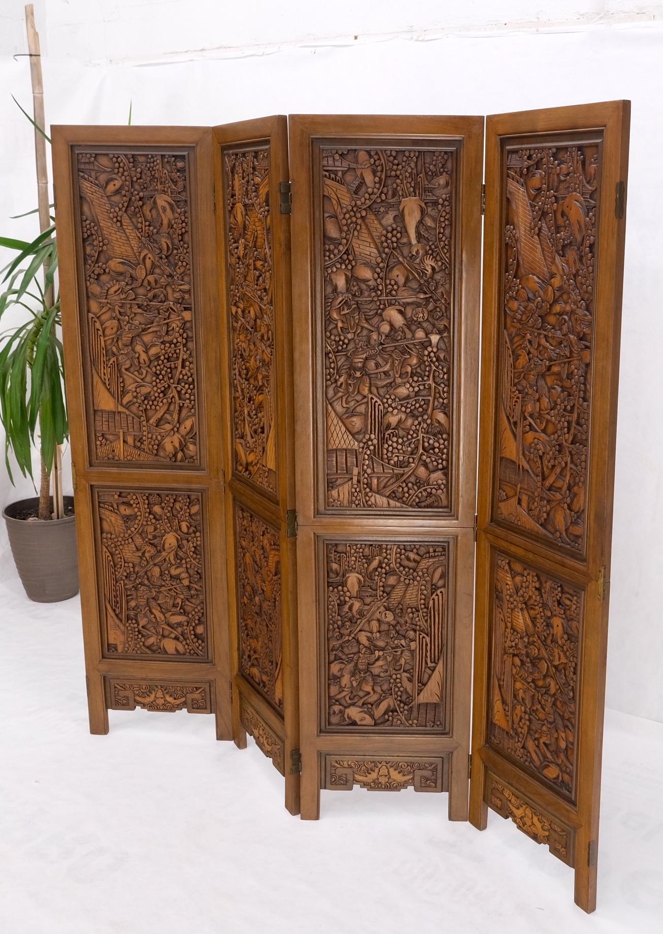EstablishedLines 4 Panels Carved Teak Fine Details Room Divider Screen Heavy Brass Hinges Mint!