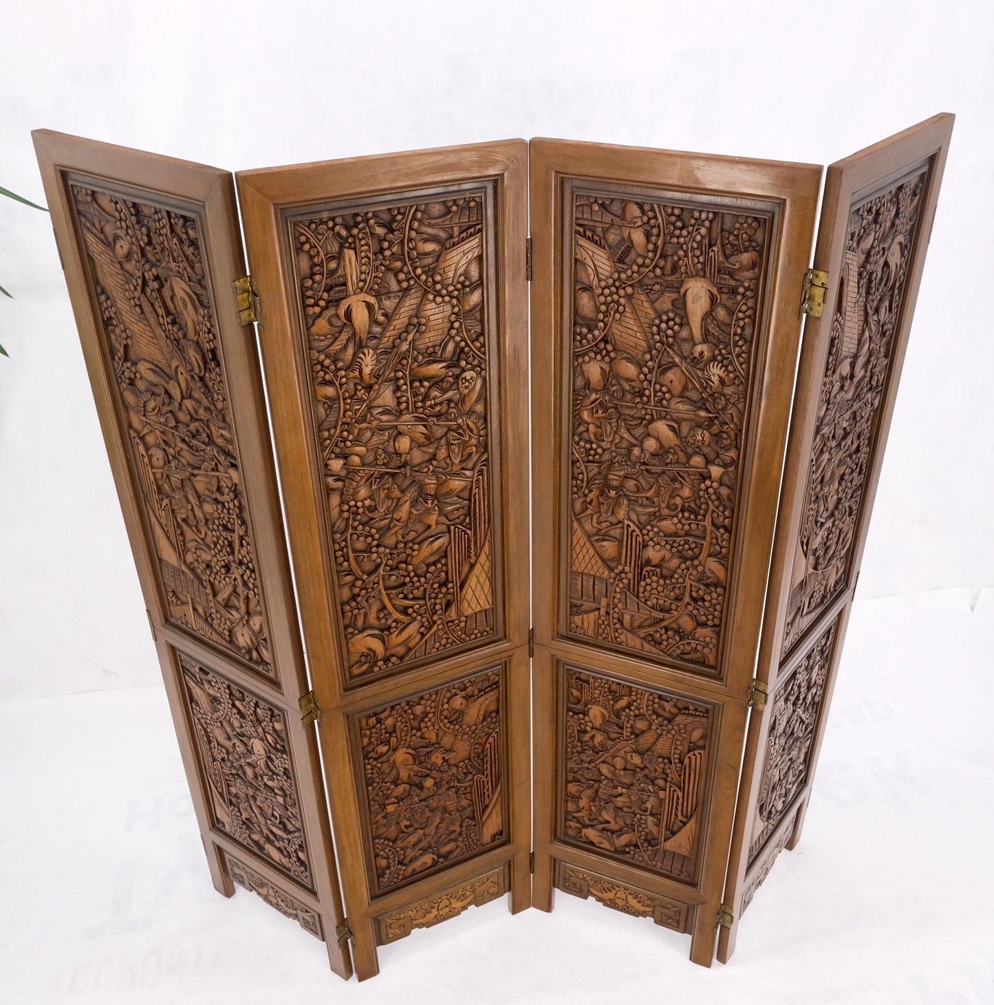 EstablishedLines 4 Panels Carved Teak Fine Details Room Divider Screen Heavy Brass Hinges Mint!