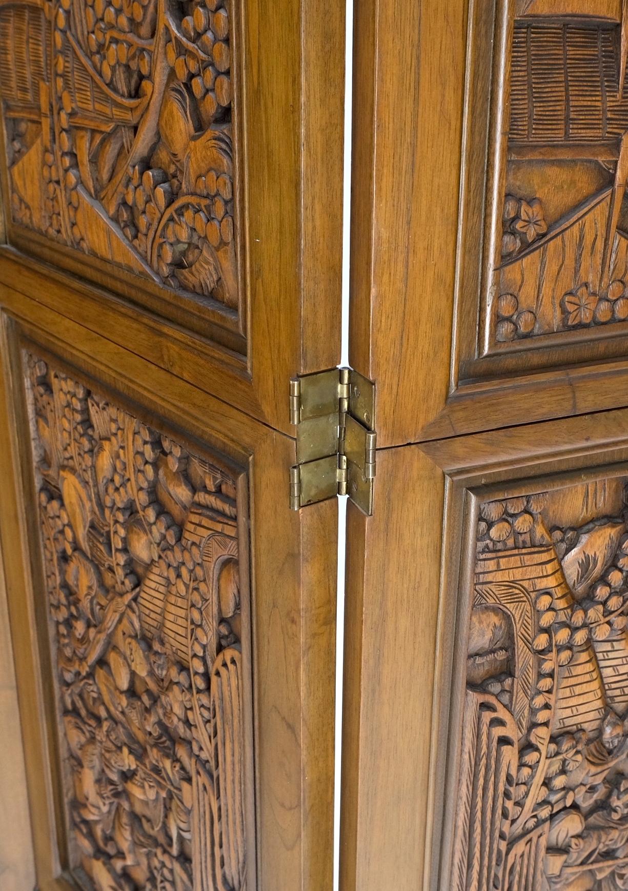 EstablishedLines 4 Panels Carved Teak Fine Details Room Divider Screen Heavy Brass Hinges Mint!