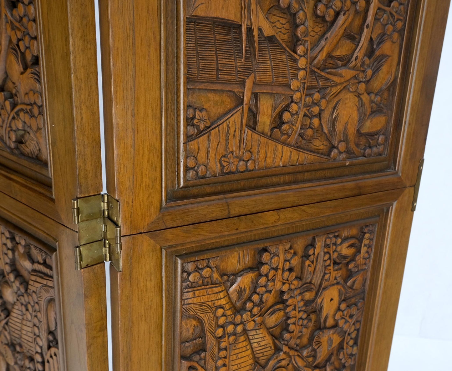 EstablishedLines 4 Panels Carved Teak Fine Details Room Divider Screen Heavy Brass Hinges Mint!