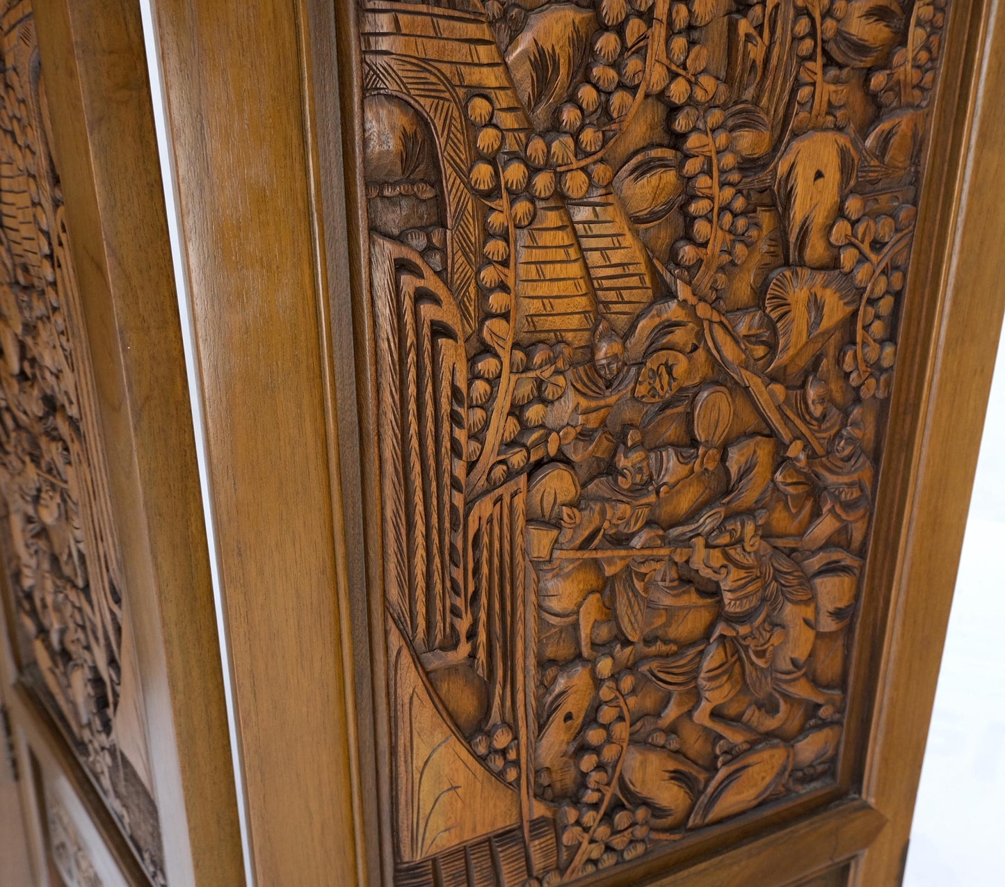 EstablishedLines 4 Panels Carved Teak Fine Details Room Divider Screen Heavy Brass Hinges Mint!