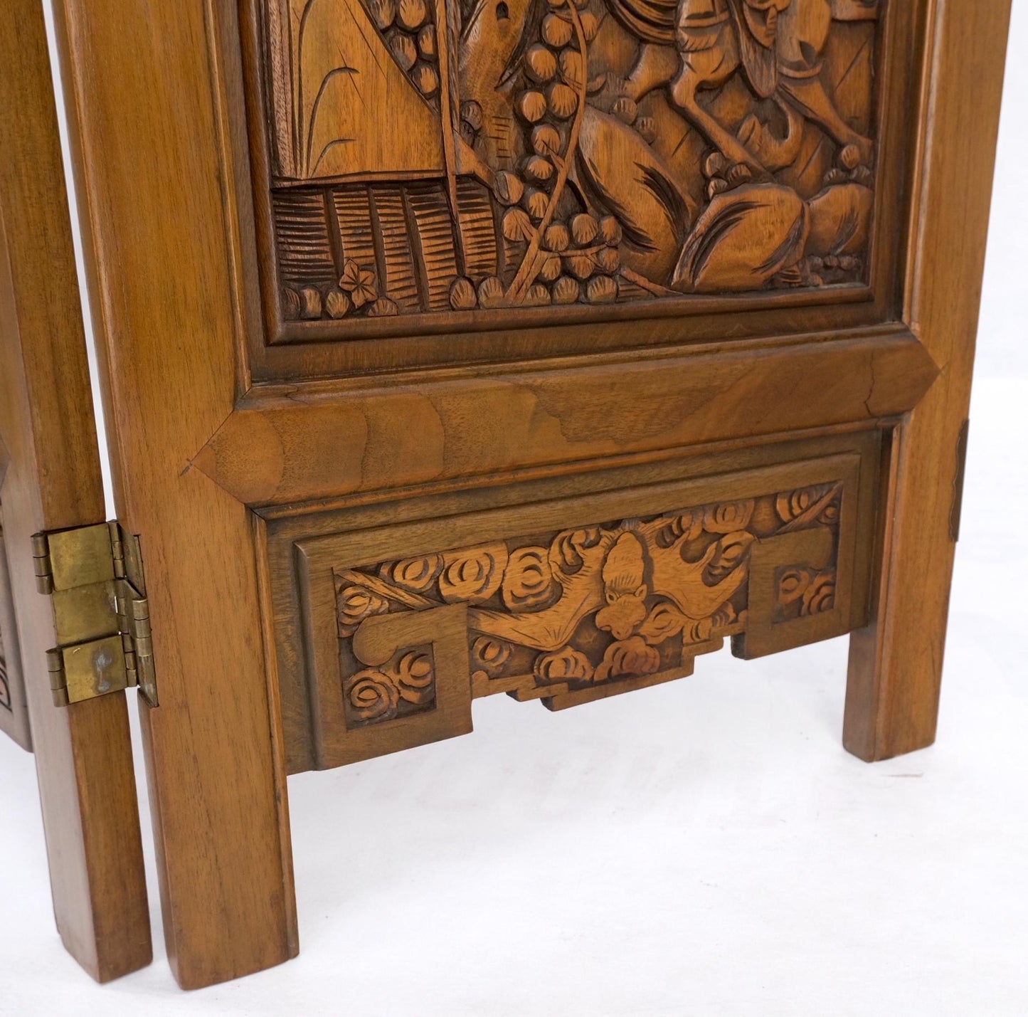 EstablishedLines 4 Panels Carved Teak Fine Details Room Divider Screen Heavy Brass Hinges Mint!