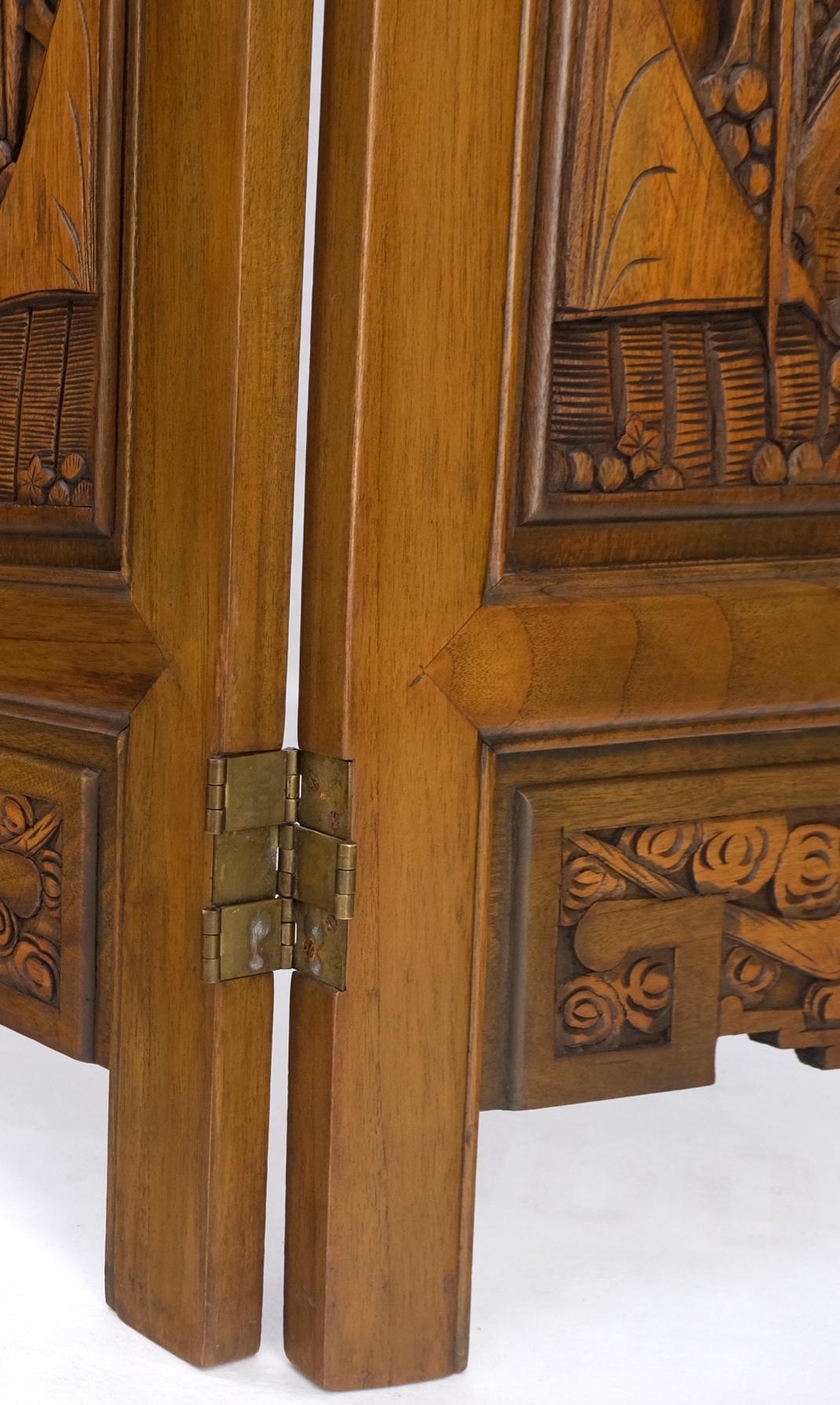 EstablishedLines 4 Panels Carved Teak Fine Details Room Divider Screen Heavy Brass Hinges Mint!