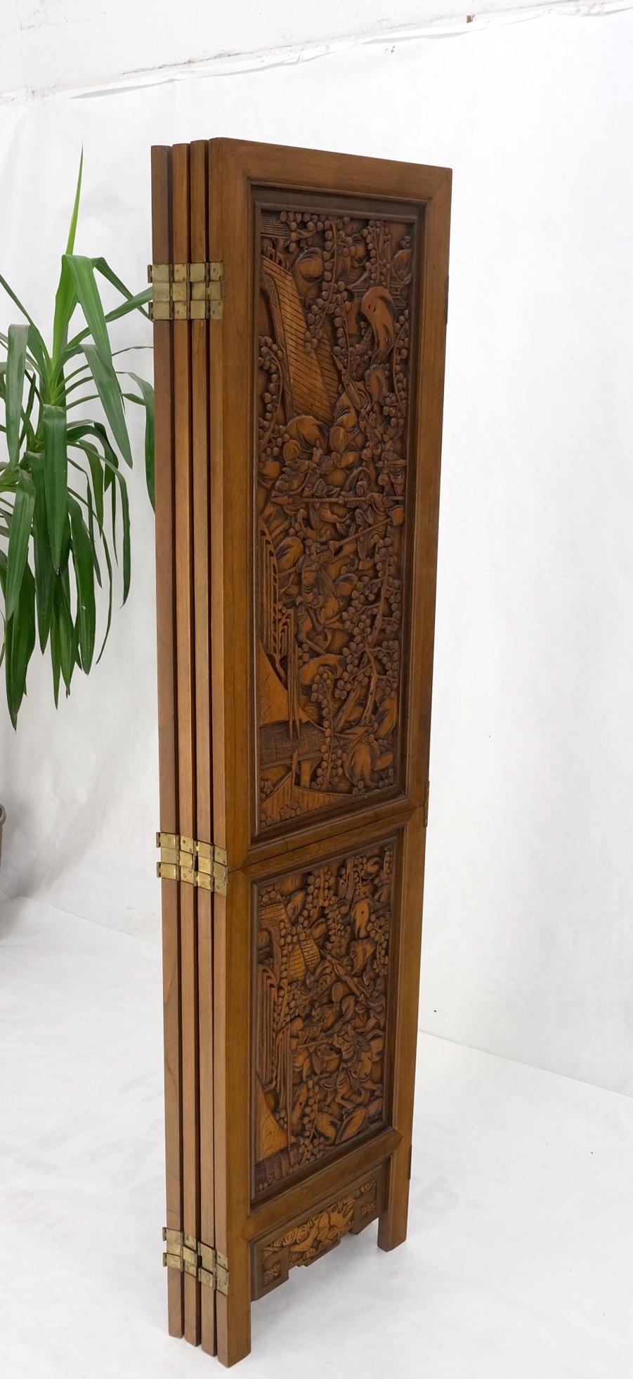 EstablishedLines 4 Panels Carved Teak Fine Details Room Divider Screen Heavy Brass Hinges Mint!