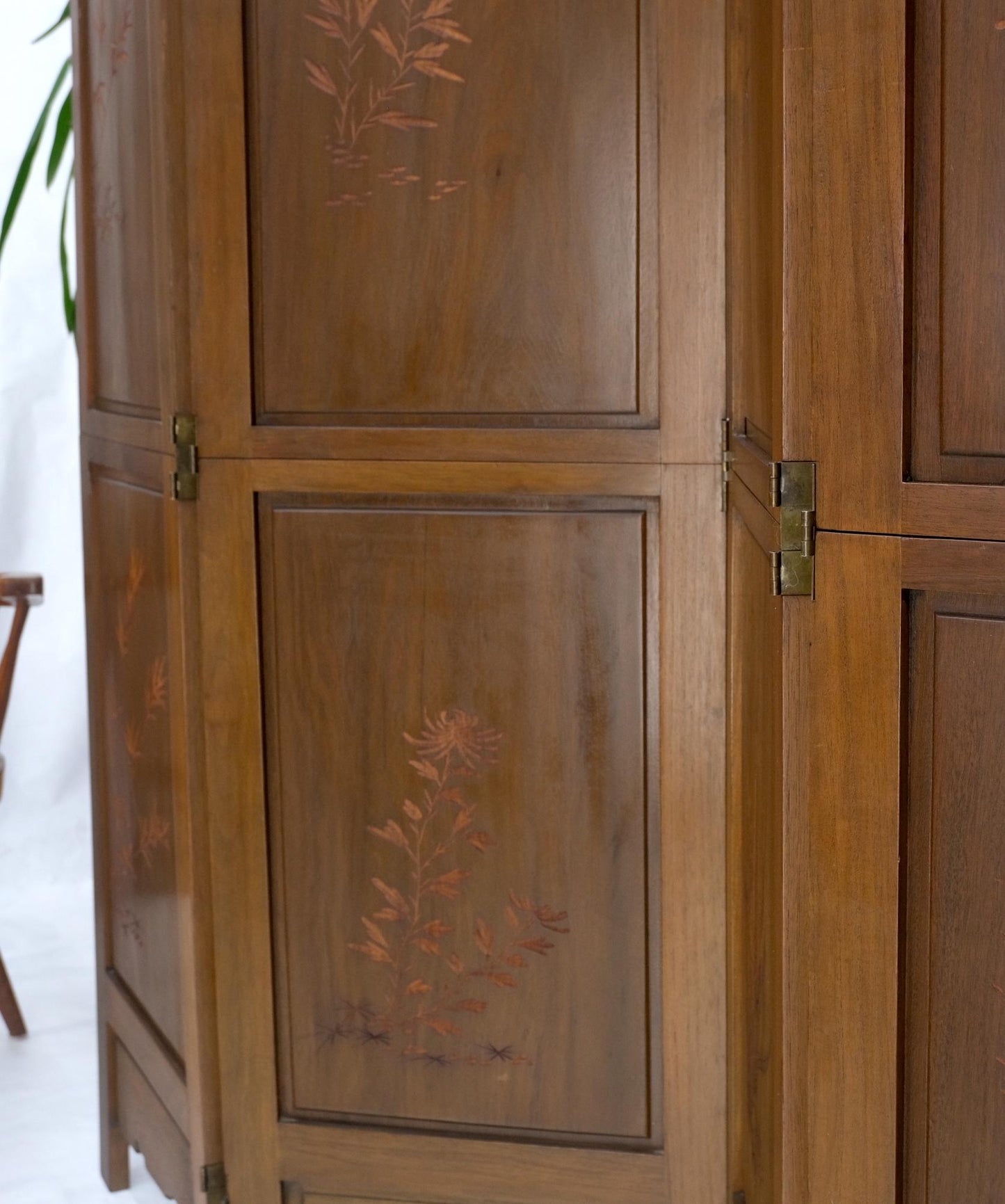EstablishedLines 4 Panels Carved Teak Fine Details Room Divider Screen Heavy Brass Hinges Mint!