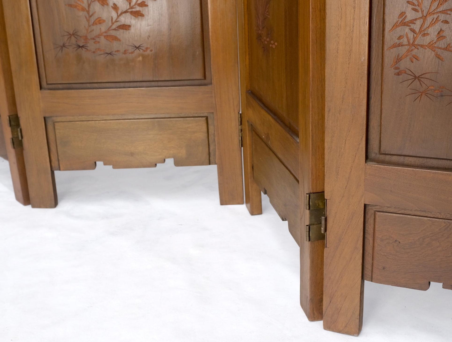 EstablishedLines 4 Panels Carved Teak Fine Details Room Divider Screen Heavy Brass Hinges Mint!