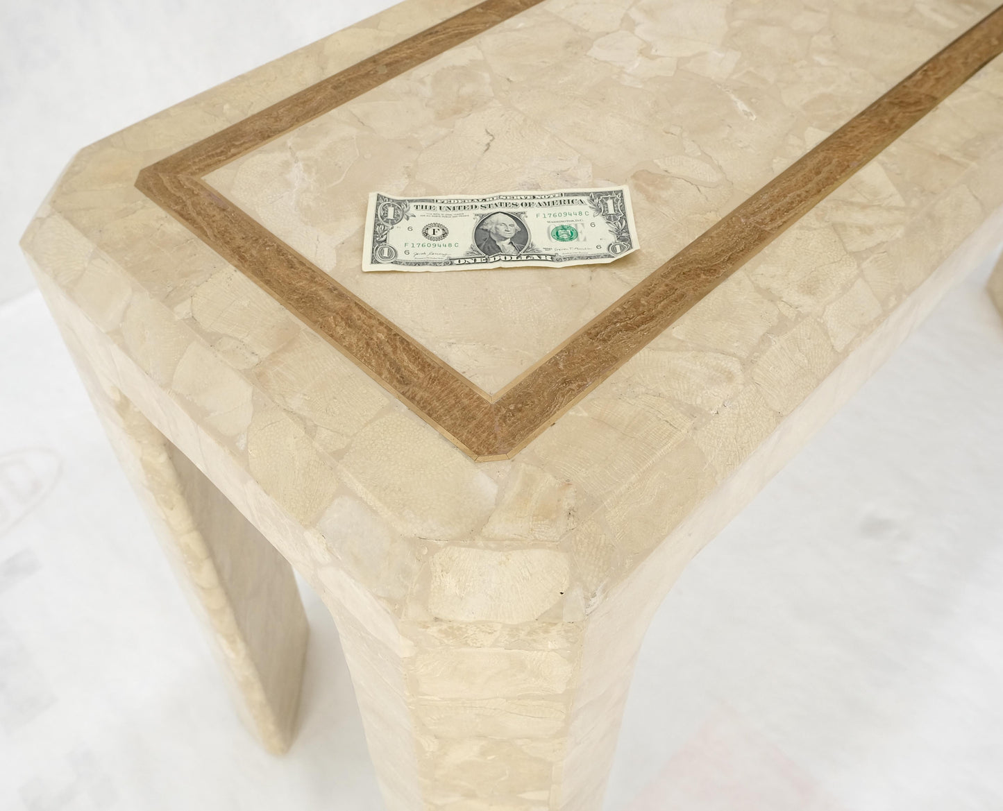 EstablishedLines Tessellated Travertine Inlayed Top Console Sofa Table Mid Century Modern MINT!