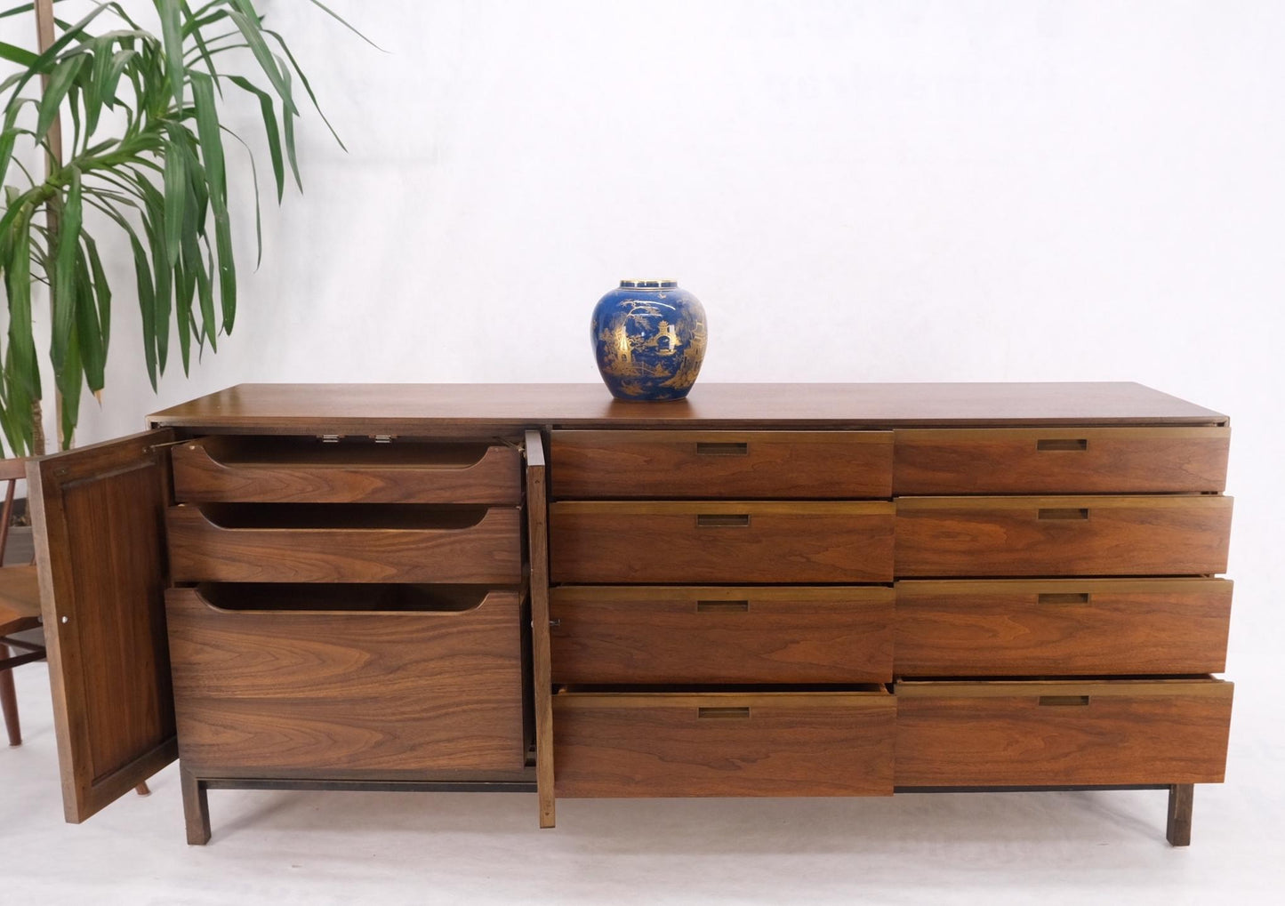 EstablishedLines Mid Century Danish Modern Walnut 11 Drawers Dresser Credenza 2 Doors Compartment