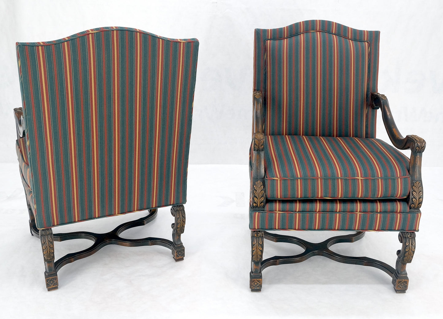 EstablishedLines Pair of Carved Bases & Arms Striped Upholstery Fire Side Arm Lounge Chairs MINT!