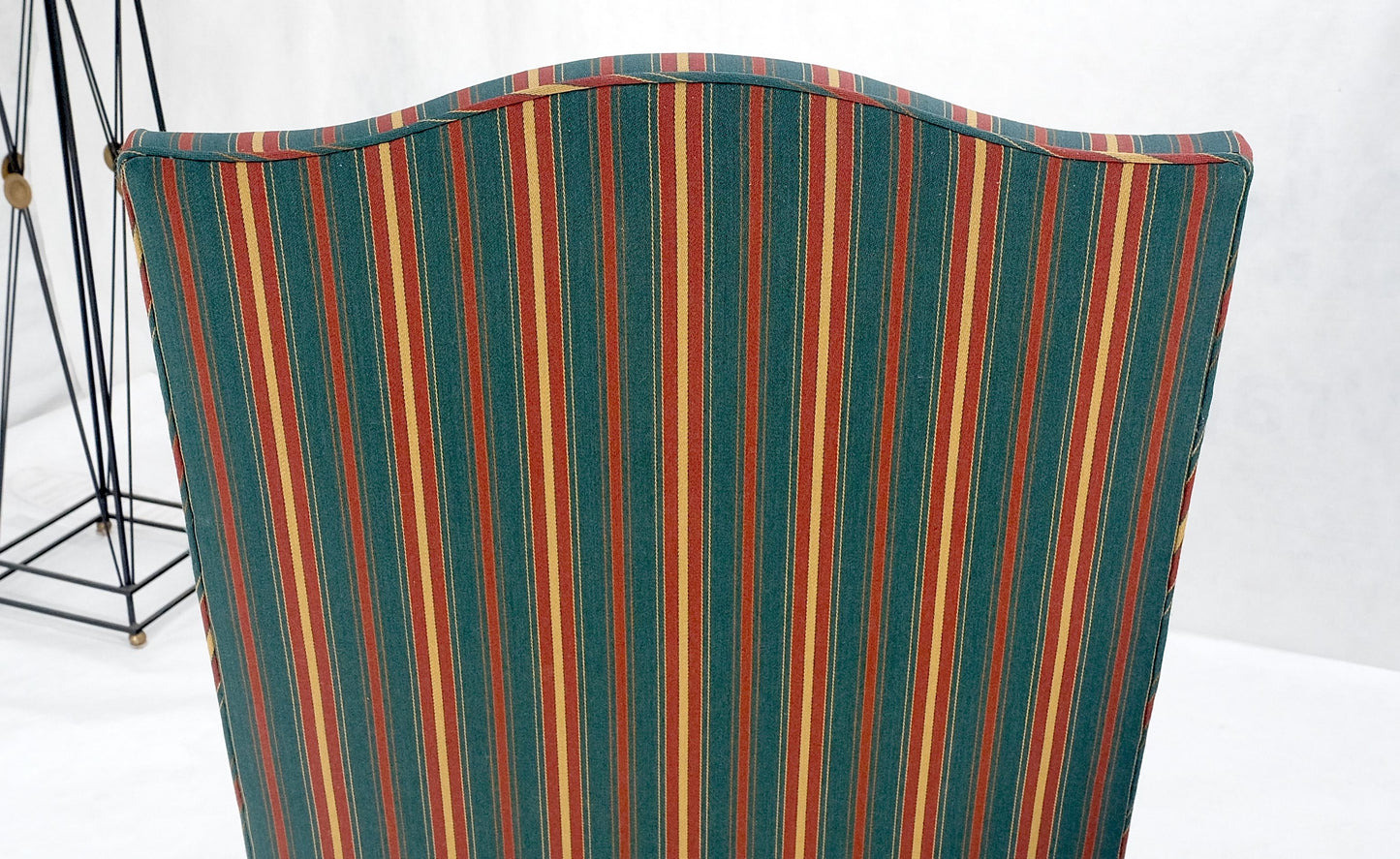 EstablishedLines Pair of Carved Bases & Arms Striped Upholstery Fire Side Arm Lounge Chairs MINT!