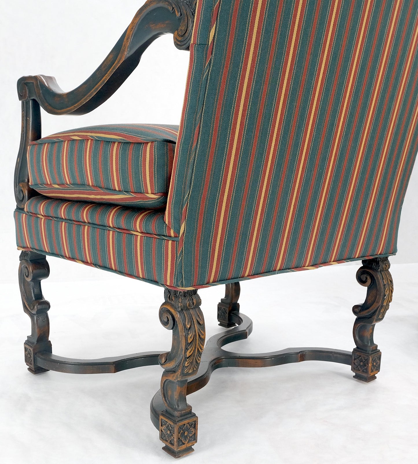 EstablishedLines Pair of Carved Bases & Arms Striped Upholstery Fire Side Arm Lounge Chairs MINT!