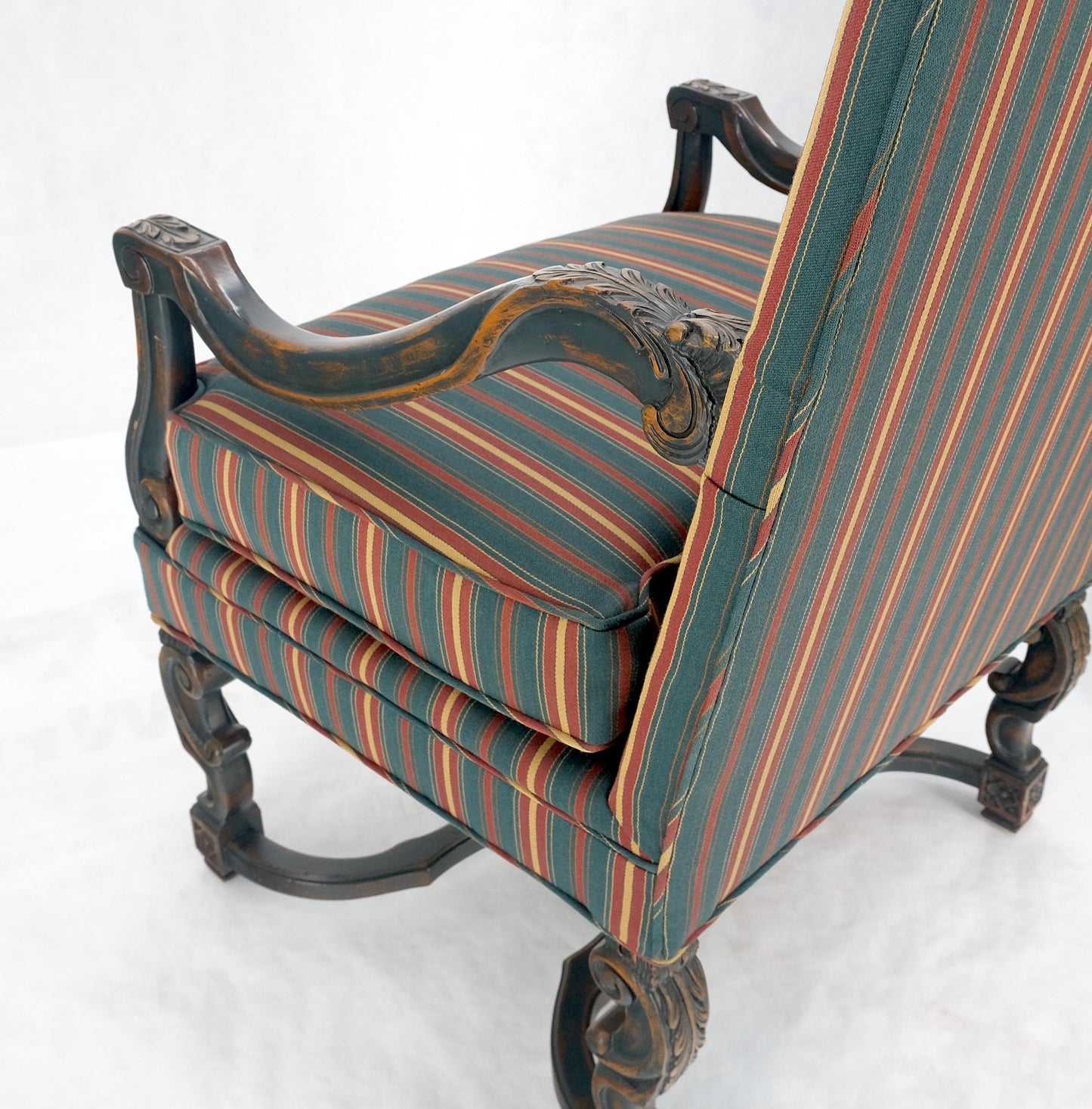 EstablishedLines Pair of Carved Bases & Arms Striped Upholstery Fire Side Arm Lounge Chairs MINT!