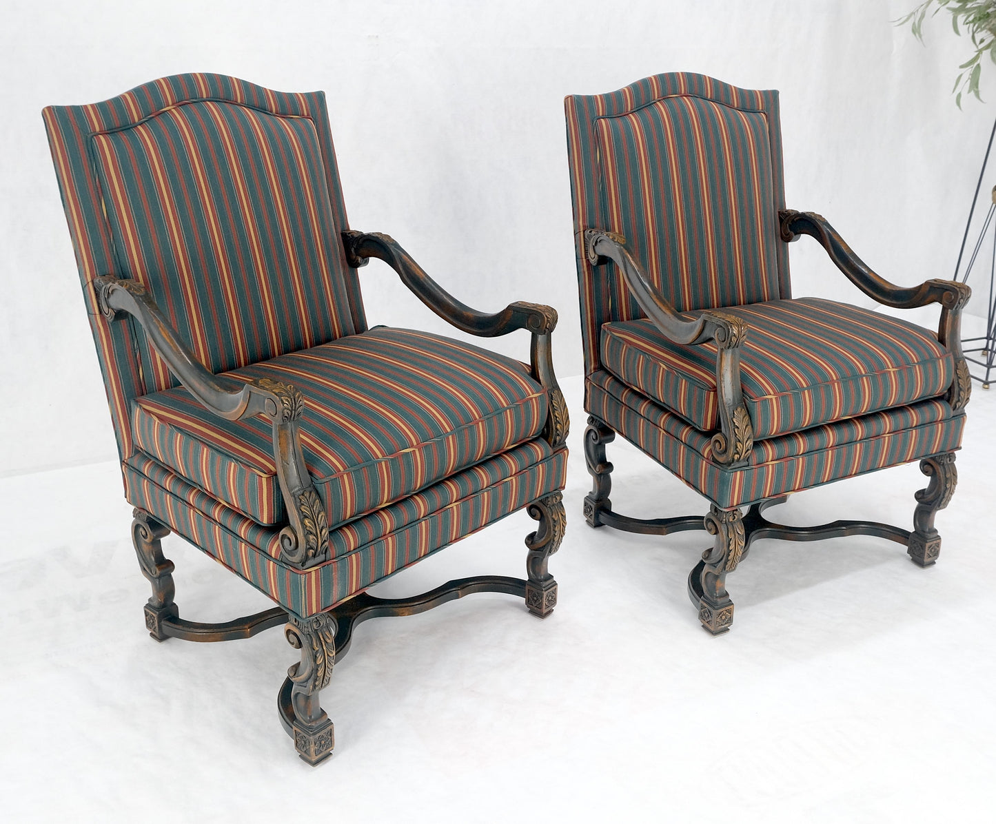 EstablishedLines Pair of Carved Bases & Arms Striped Upholstery Fire Side Arm Lounge Chairs MINT!