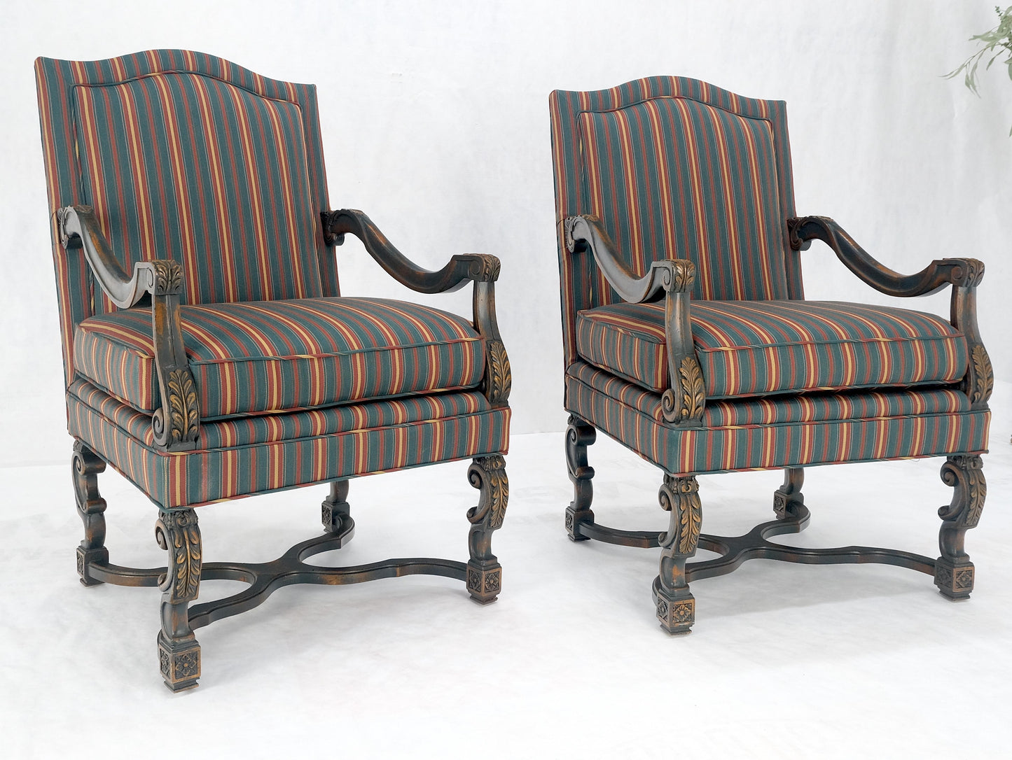 EstablishedLines Pair of Carved Bases & Arms Striped Upholstery Fire Side Arm Lounge Chairs MINT!