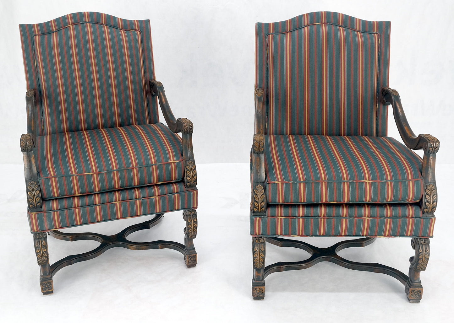 EstablishedLines Pair of Carved Bases & Arms Striped Upholstery Fire Side Arm Lounge Chairs MINT!