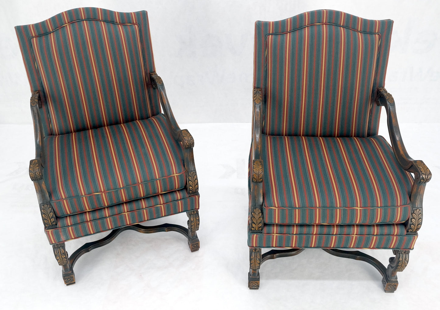 EstablishedLines Pair of Carved Bases & Arms Striped Upholstery Fire Side Arm Lounge Chairs MINT!