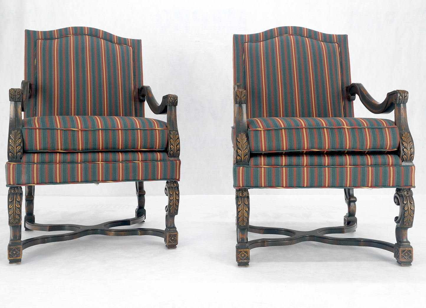 EstablishedLines Pair of Carved Bases & Arms Striped Upholstery Fire Side Arm Lounge Chairs MINT!