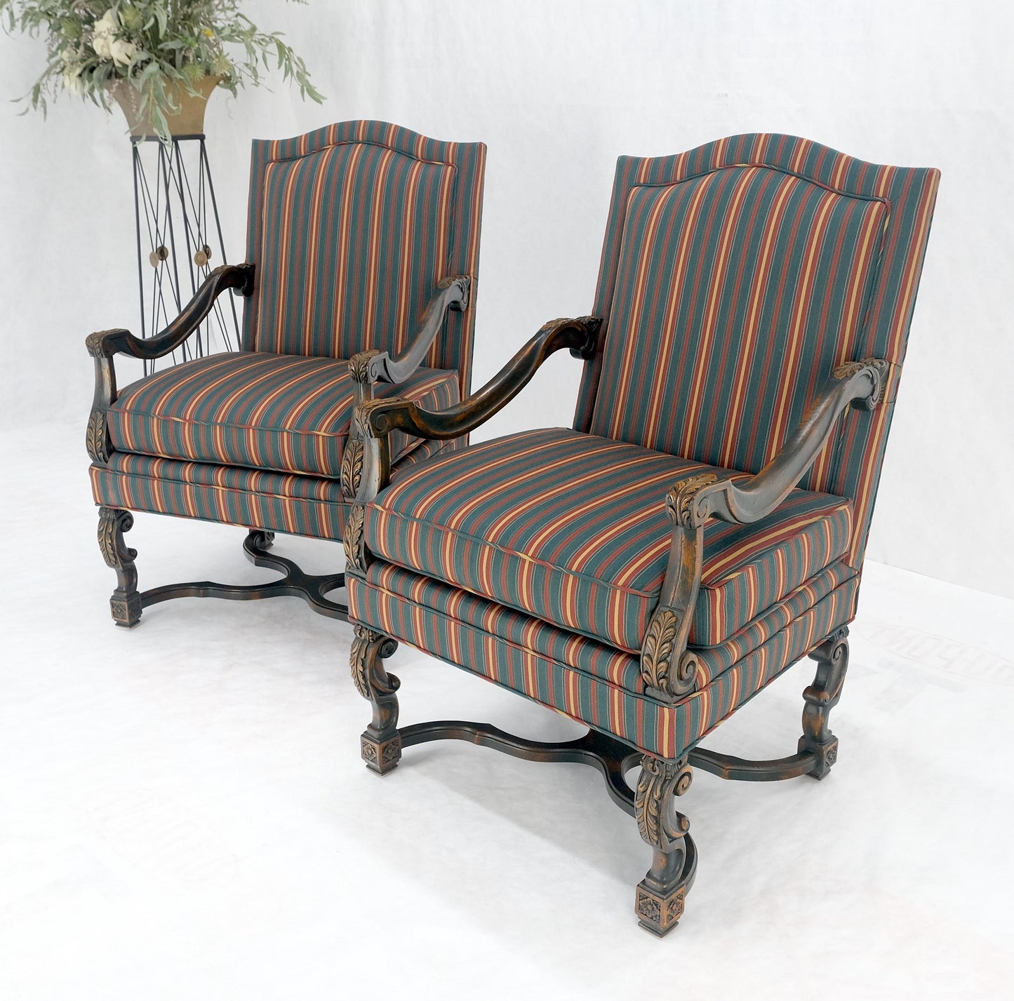 EstablishedLines Pair of Carved Bases & Arms Striped Upholstery Fire Side Arm Lounge Chairs MINT!