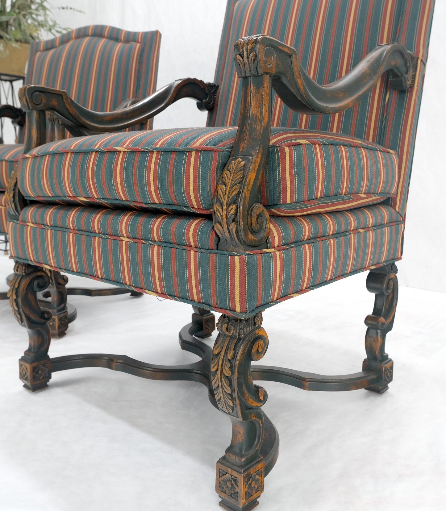 EstablishedLines Pair of Carved Bases & Arms Striped Upholstery Fire Side Arm Lounge Chairs MINT!
