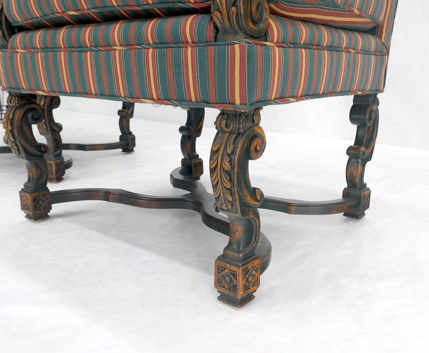 EstablishedLines Pair of Carved Bases & Arms Striped Upholstery Fire Side Arm Lounge Chairs MINT!