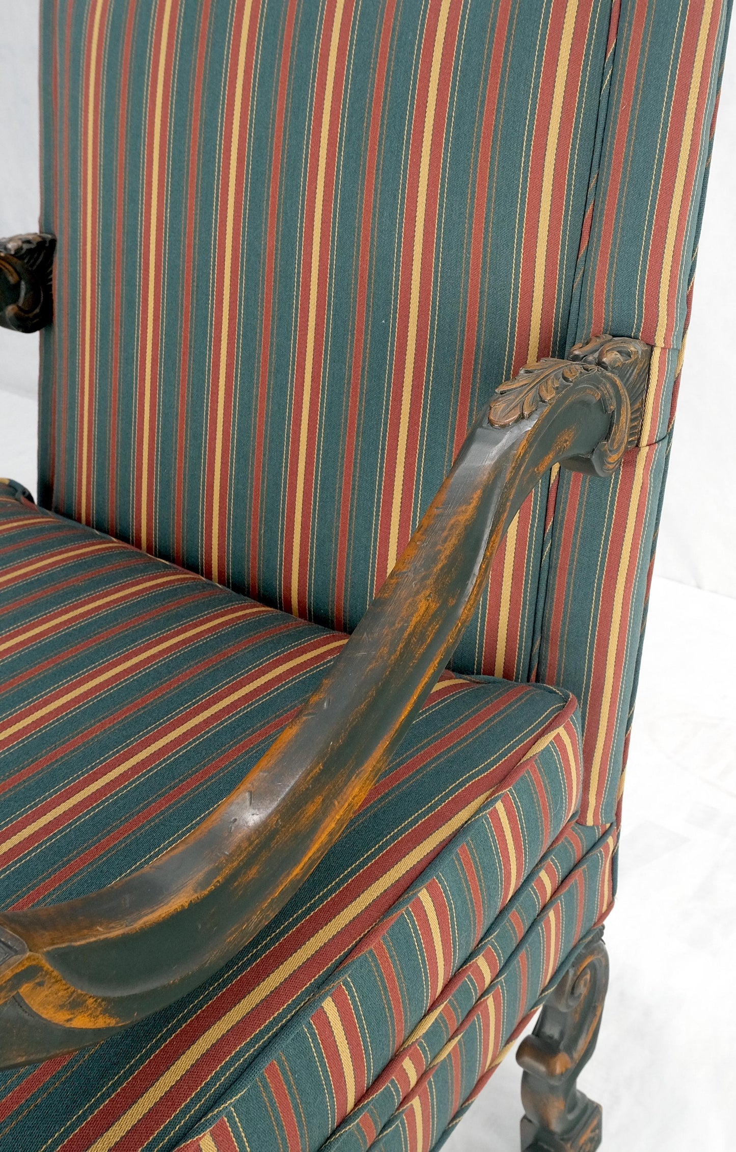 EstablishedLines Pair of Carved Bases & Arms Striped Upholstery Fire Side Arm Lounge Chairs MINT!