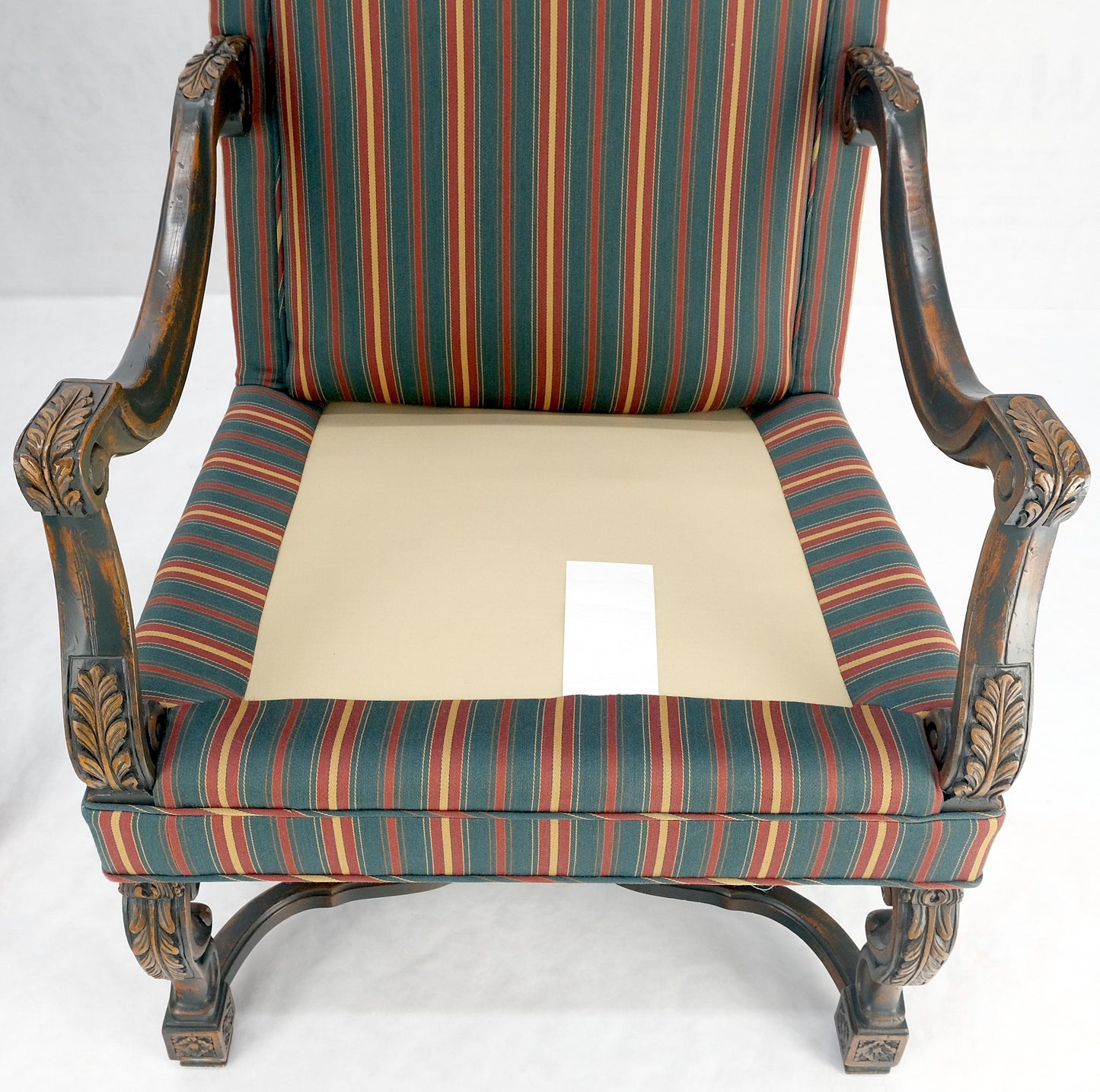 EstablishedLines Pair of Carved Bases & Arms Striped Upholstery Fire Side Arm Lounge Chairs MINT!