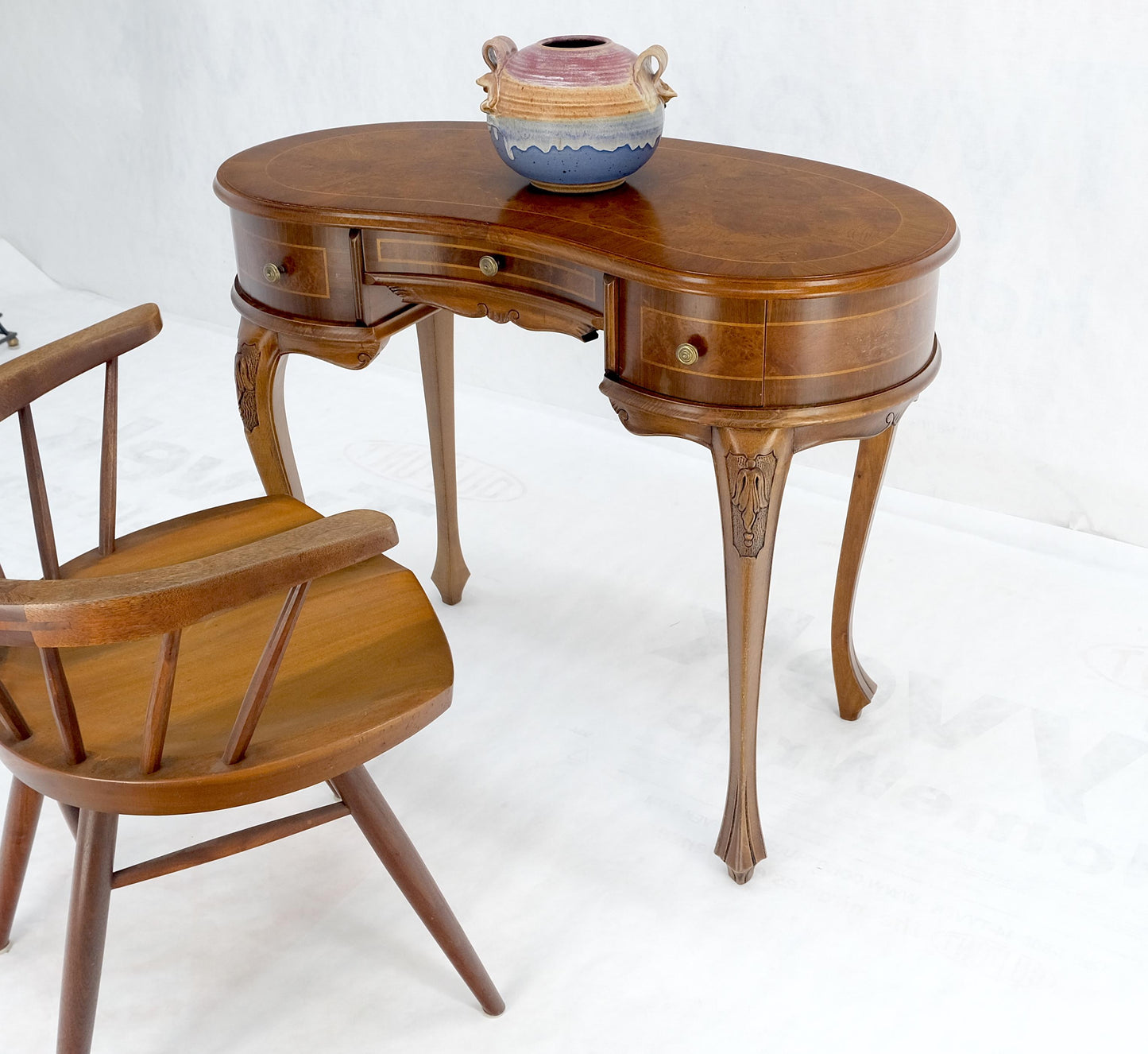Low Profile Kidney Shape Burl Wood Compact Desk Writing Table Vanity MINT Italy