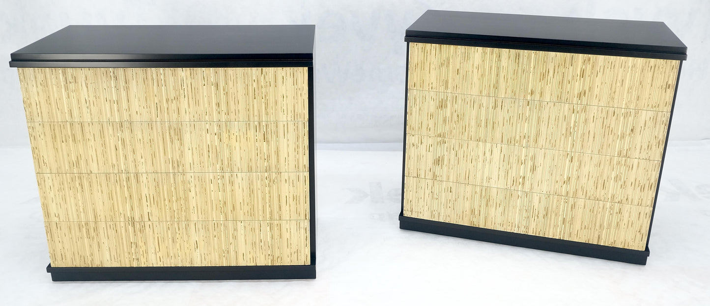Pair Black Lacquer 4 Drawers "Linen Fold" Fronts Bachelor Chests Dressers MINT