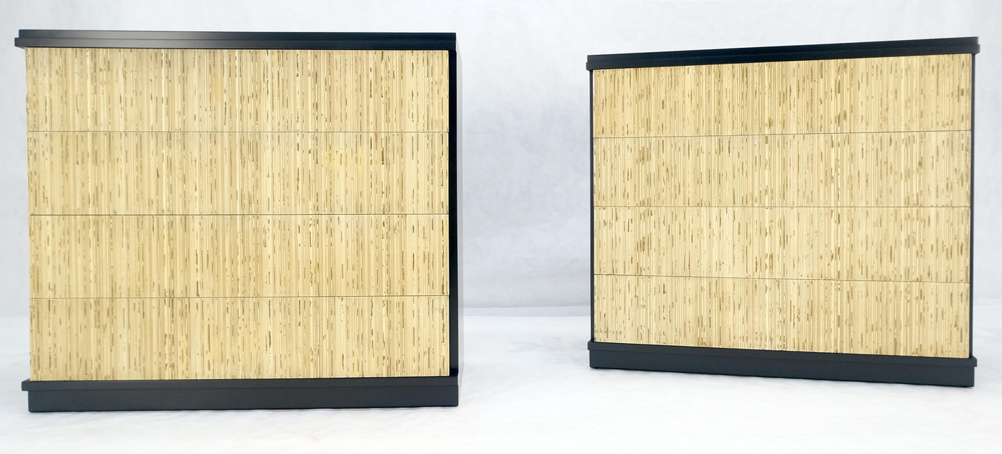 Pair Black Lacquer 4 Drawers "Linen Fold" Fronts Bachelor Chests Dressers MINT